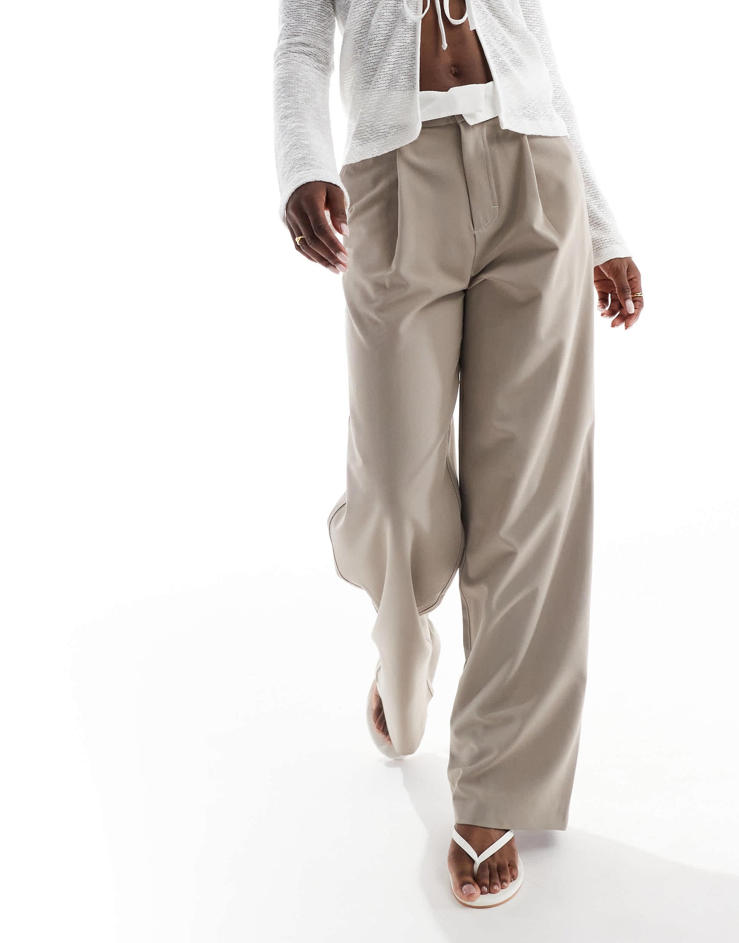 Stradivarius folded waistband tailored trouser in beige