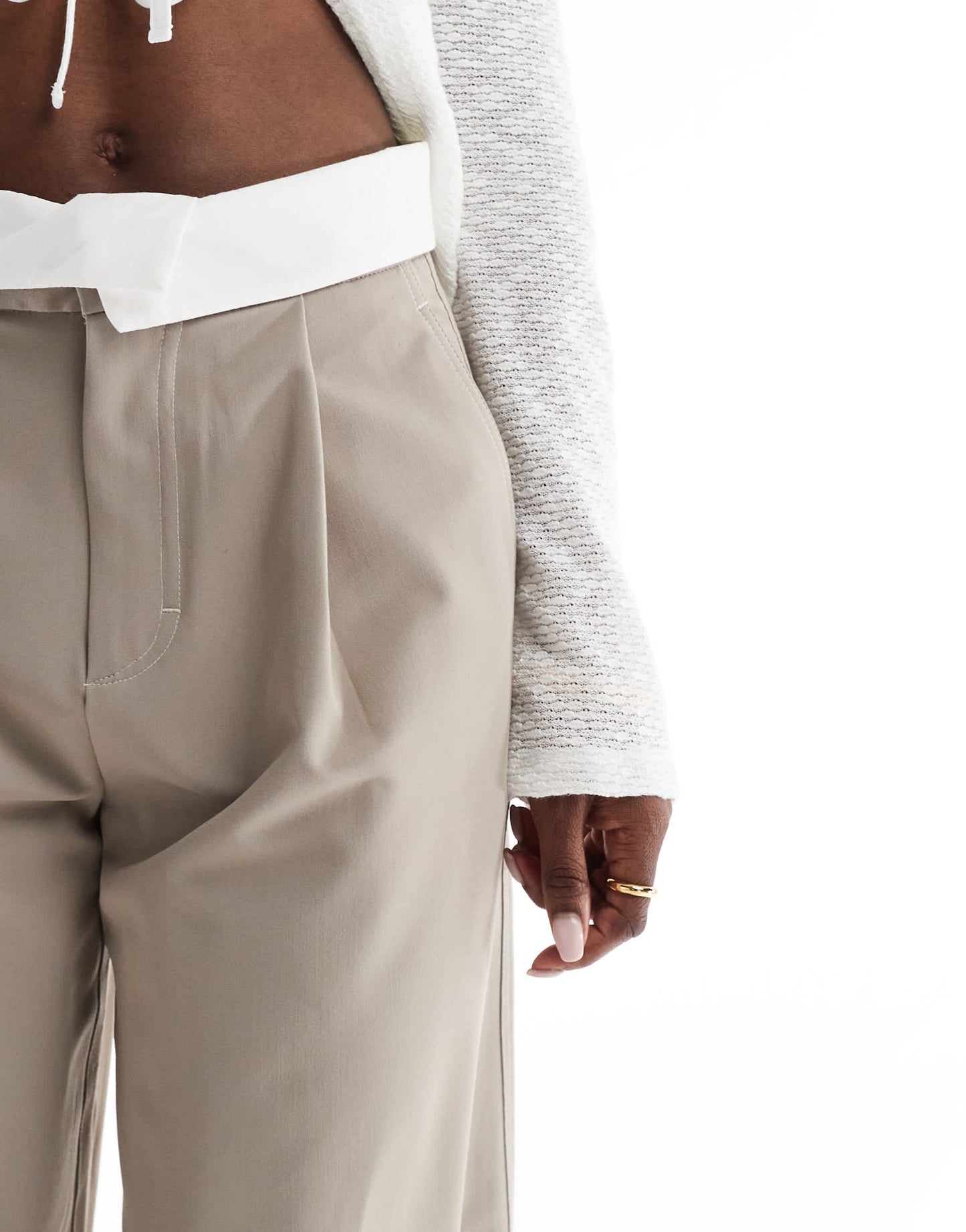 Stradivarius folded waistband tailored trouser in beige