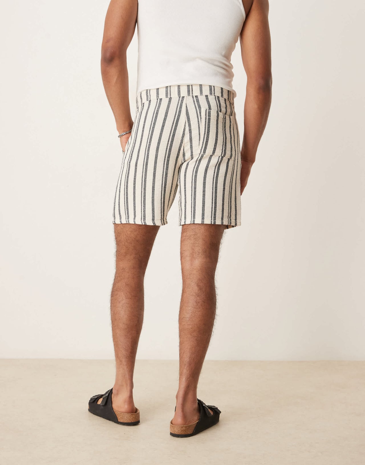 ASOS DESIGN slim short with pleats in navy and white stripe