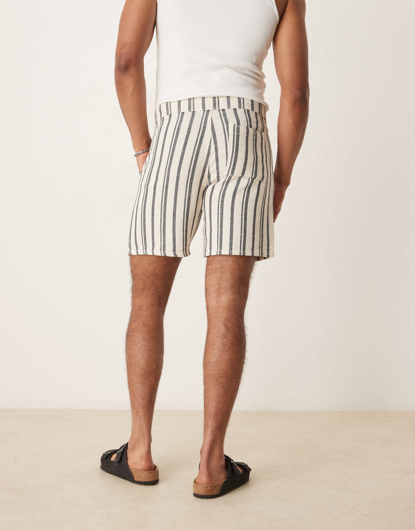 ASOS DESIGN slim short with pleats in navy and white stripe