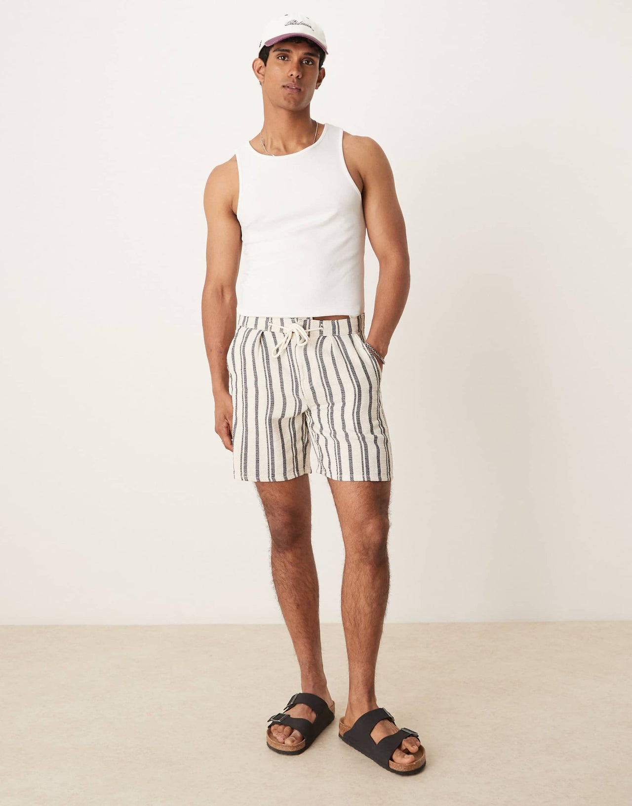 ASOS DESIGN slim short with pleats in navy and white stripe