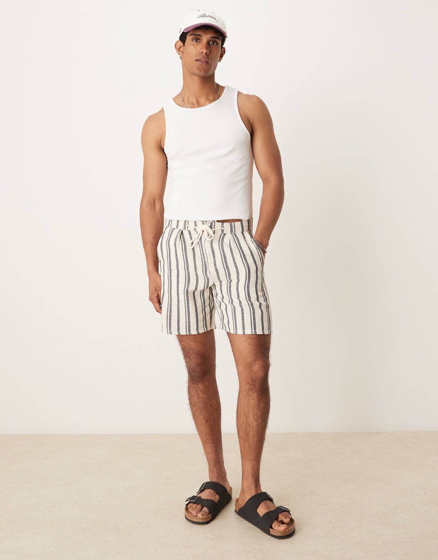 ASOS DESIGN slim short with pleats in navy and white stripe