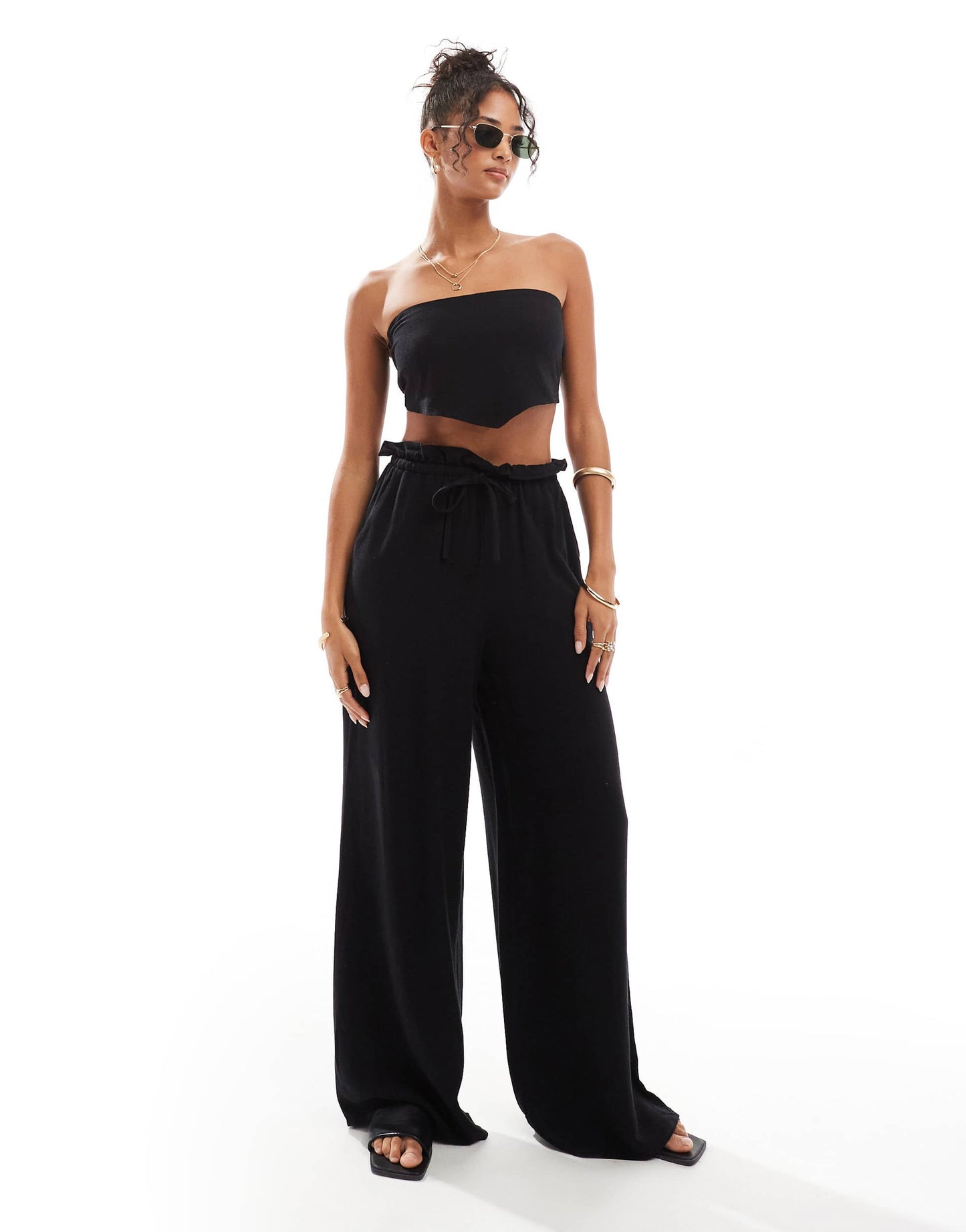 4th & Reckless beach linen blend drawstring waist trouser in black