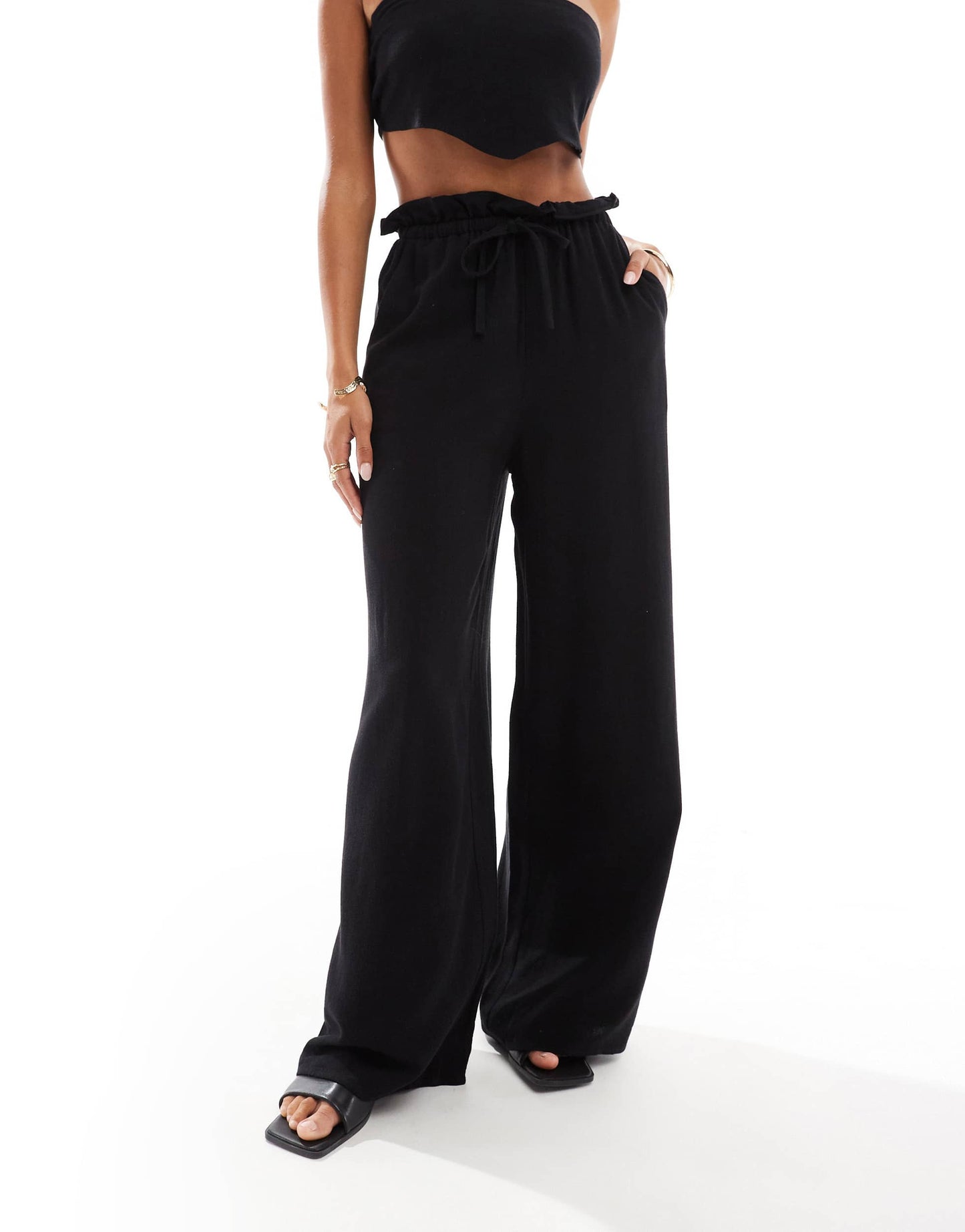 4th & Reckless beach linen blend drawstring waist trouser in black