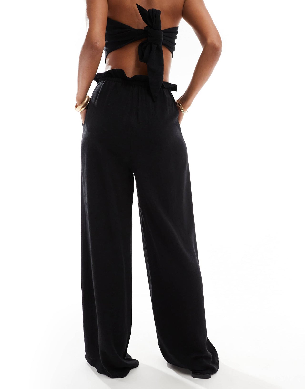 4th & Reckless beach linen blend drawstring waist trouser in black