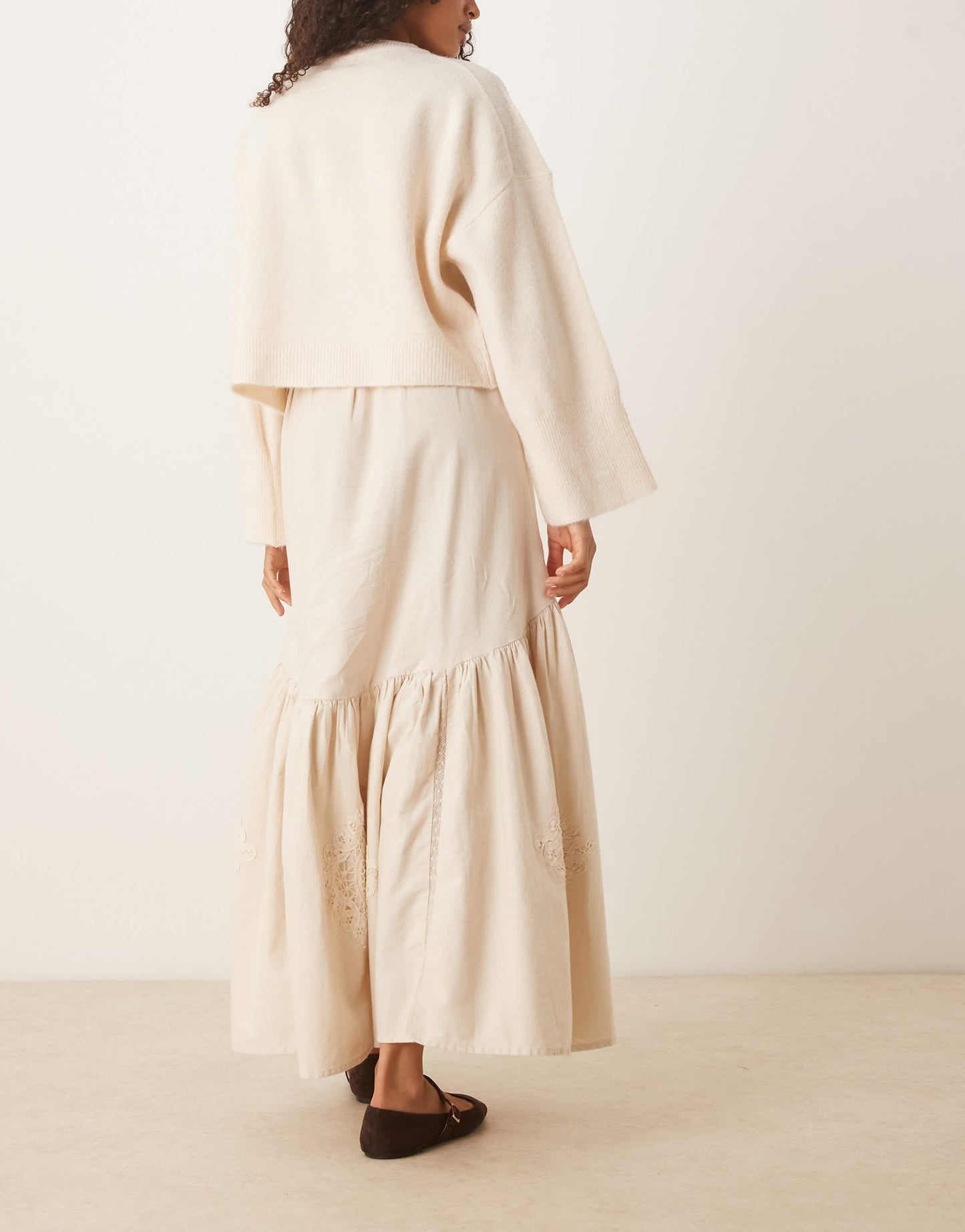 ASOS DESIGN embroidered tiered maxi skirt with lace inserts