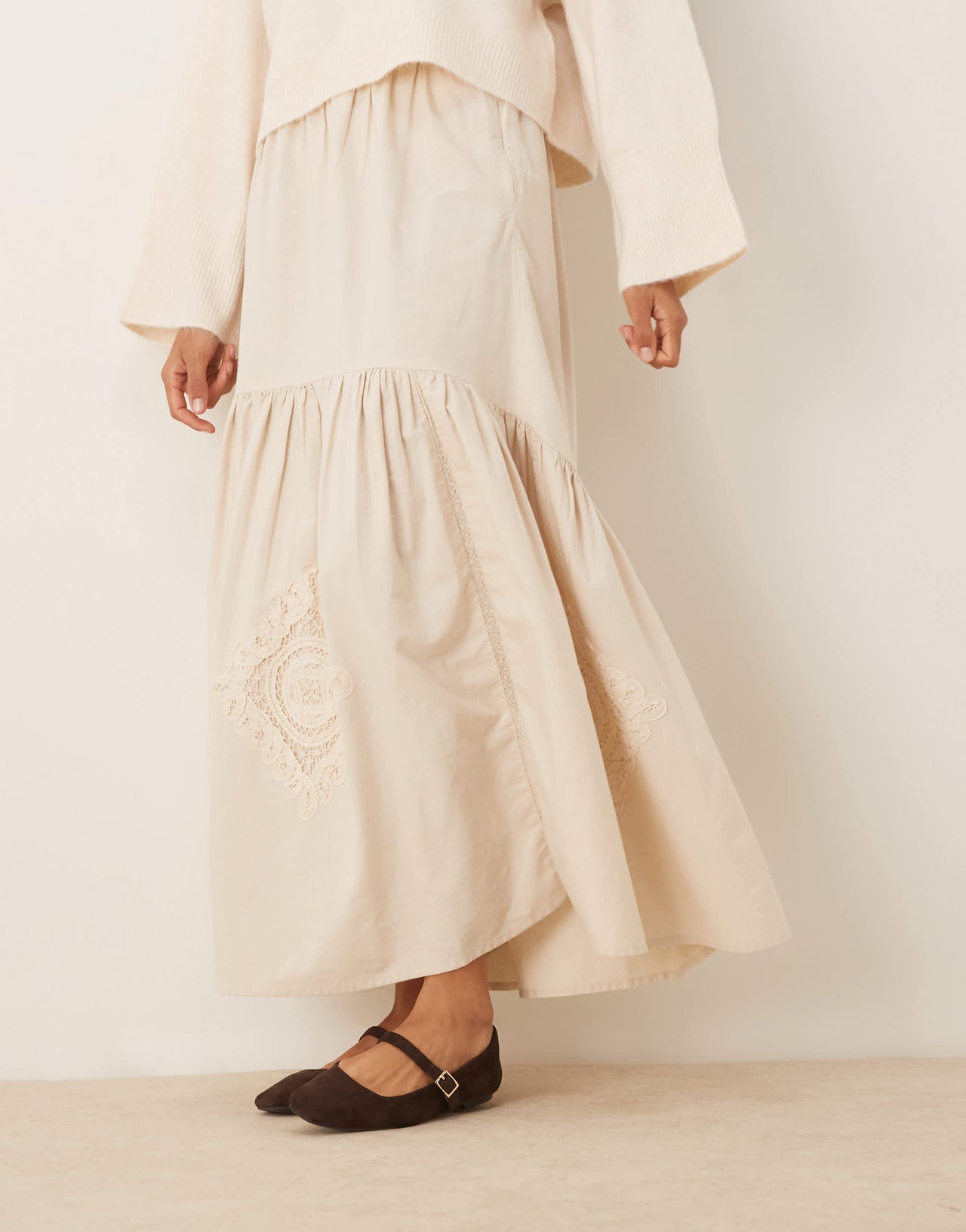 ASOS DESIGN embroidered tiered maxi skirt with lace inserts