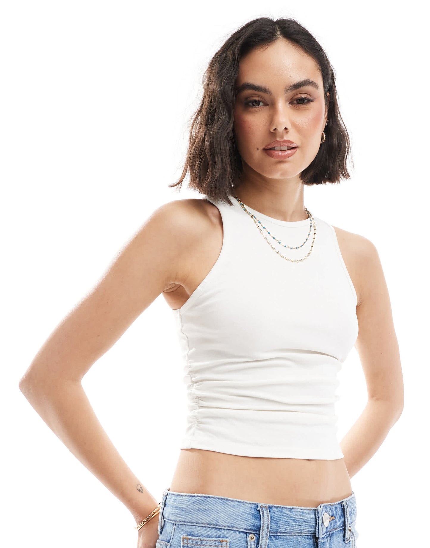 Bershka ruched side tank top in white