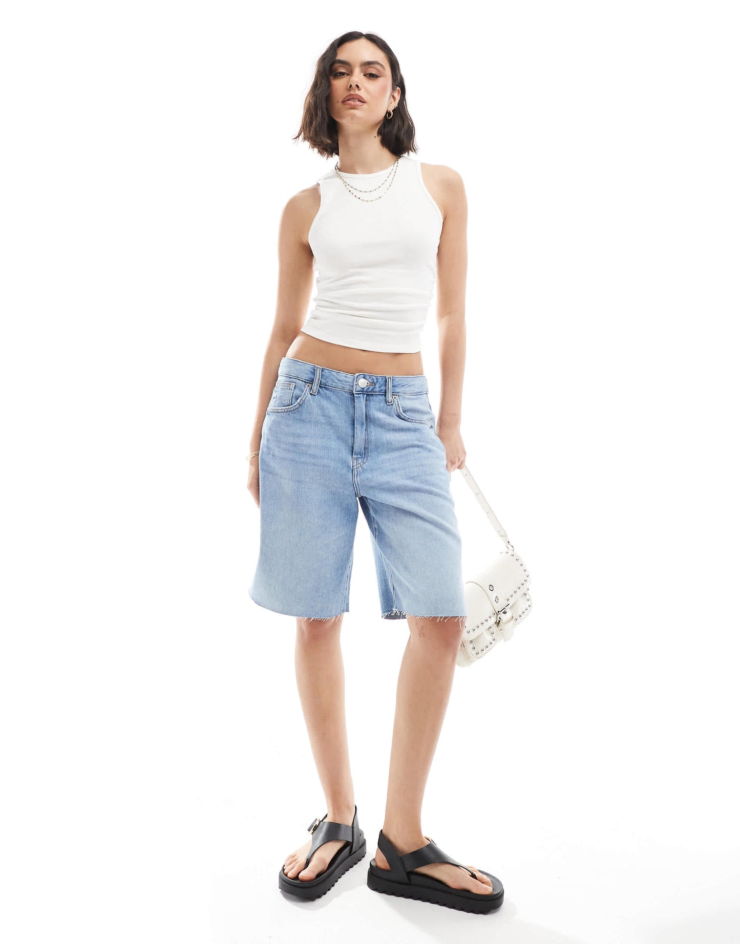Bershka ruched side tank top in white