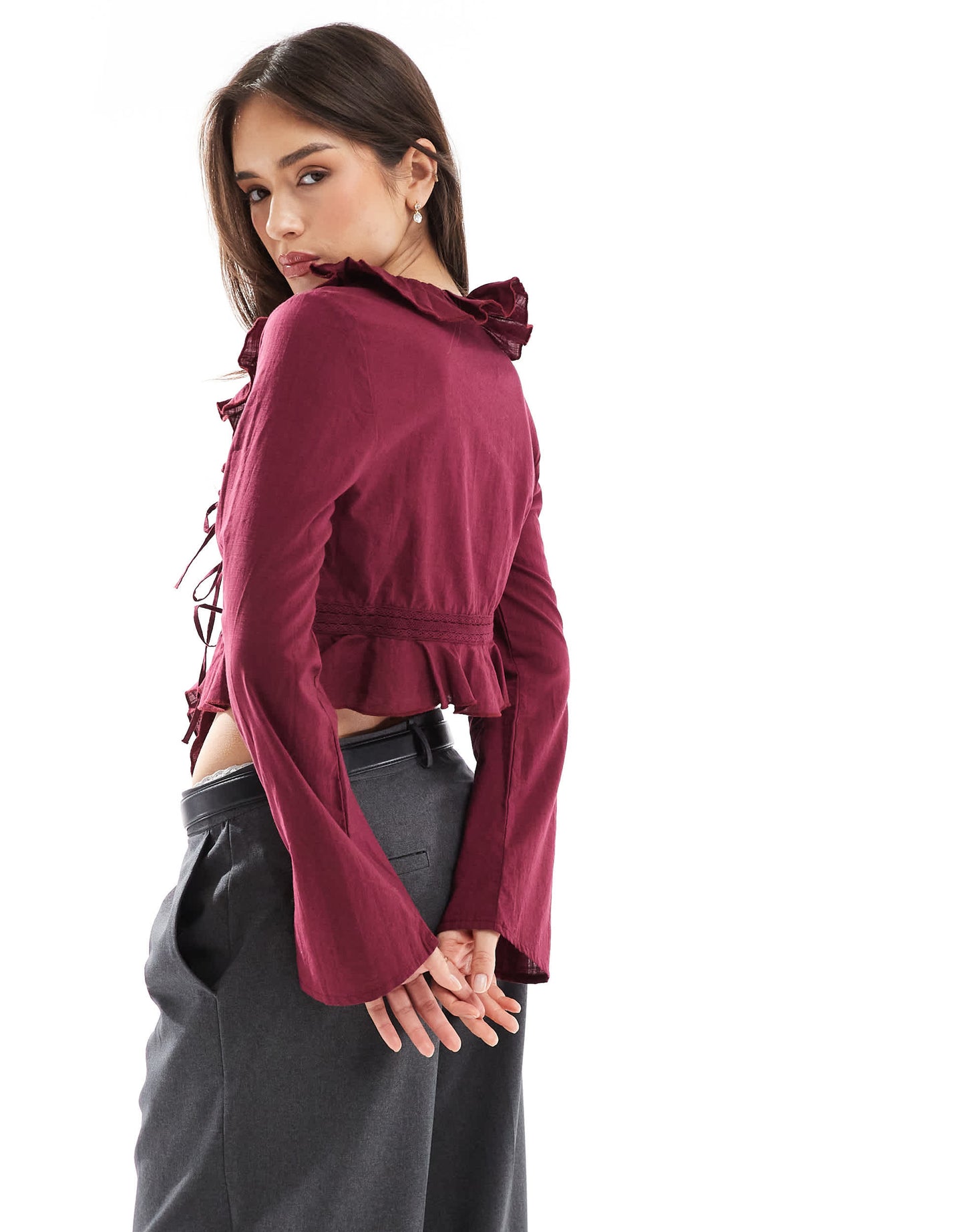 Bershka ruffle detail top in burgundy