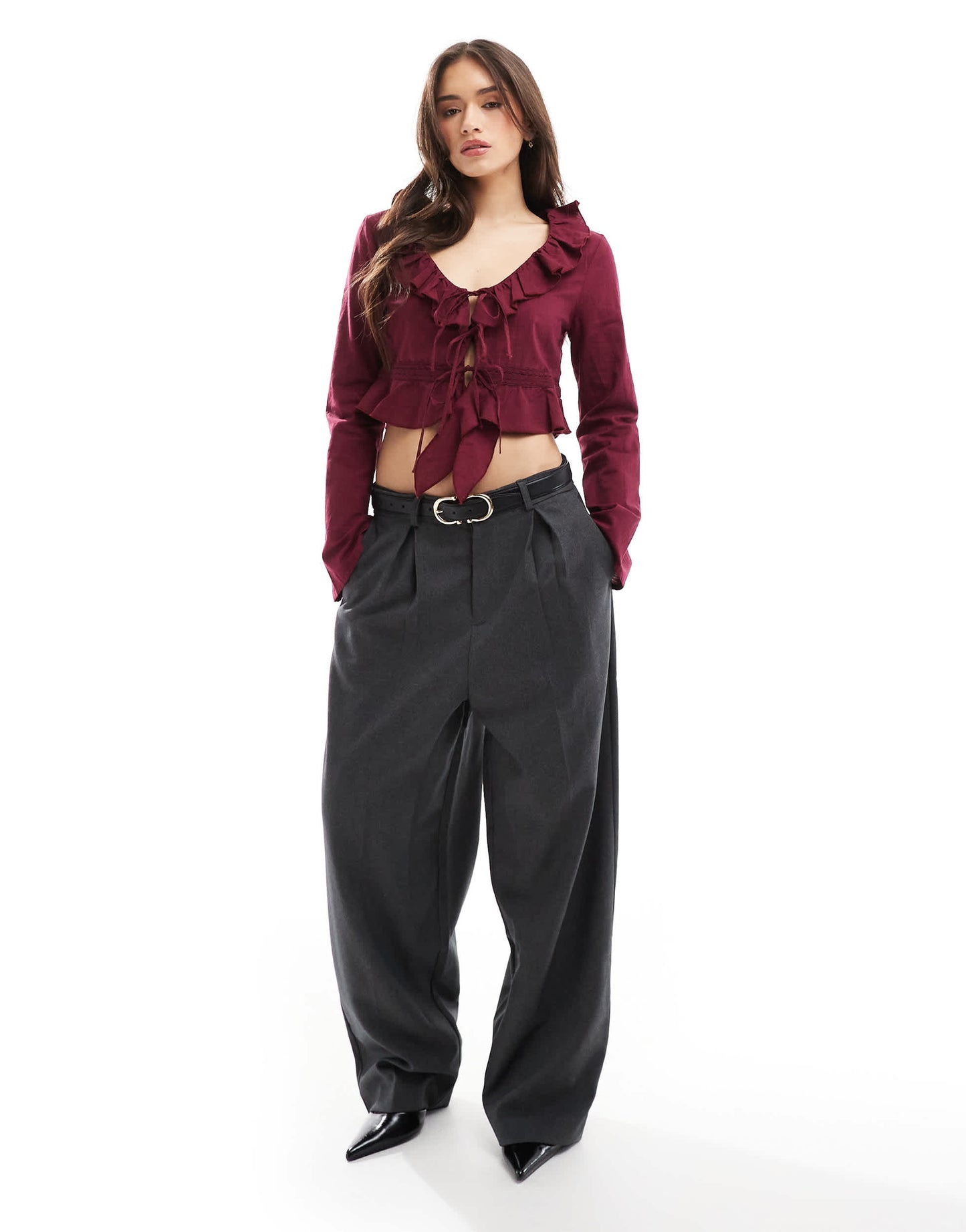Bershka ruffle detail top in burgundy