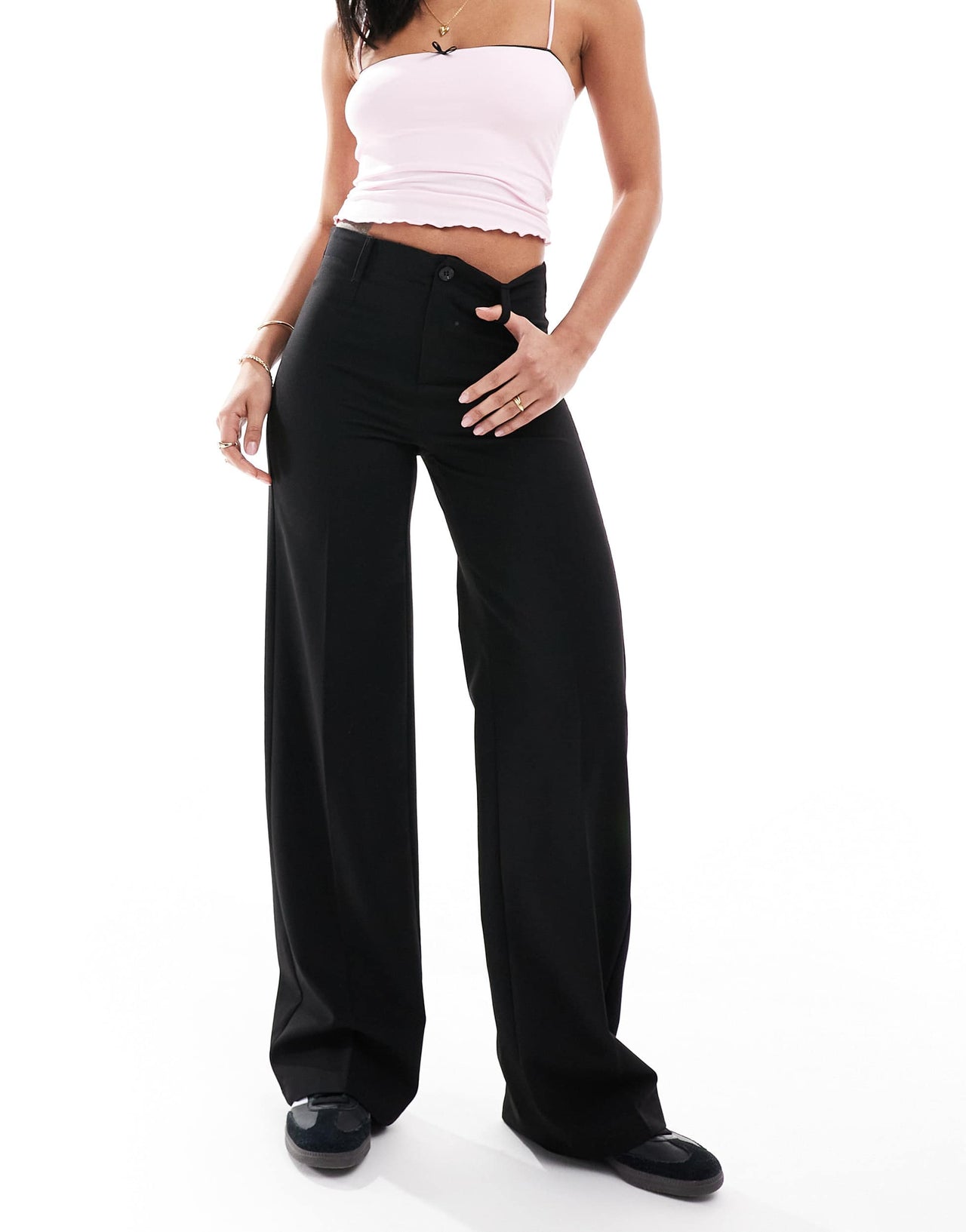 Bershka high waisted wide leg tailored trouser in black
