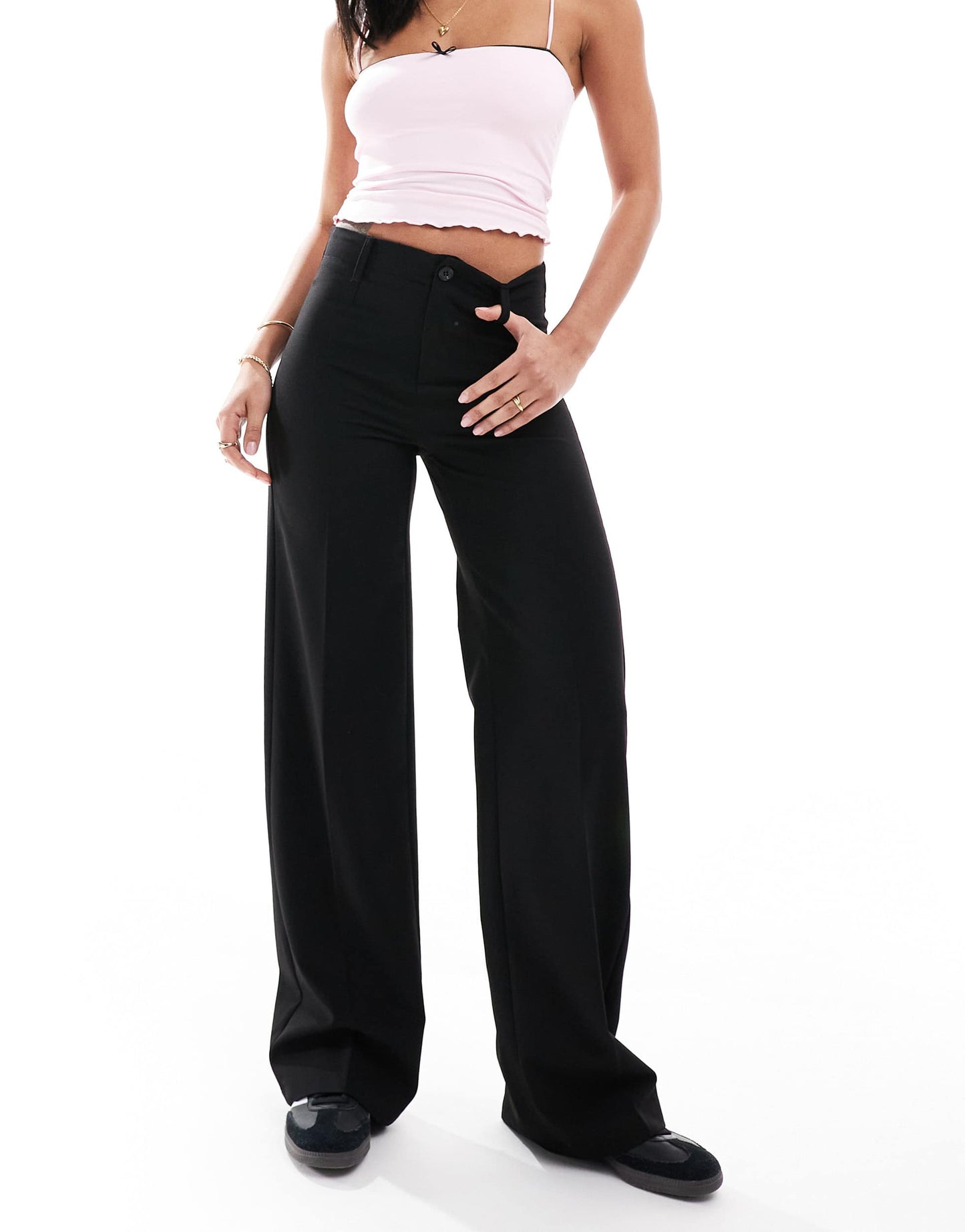 Bershka high waisted wide leg tailored trouser in black