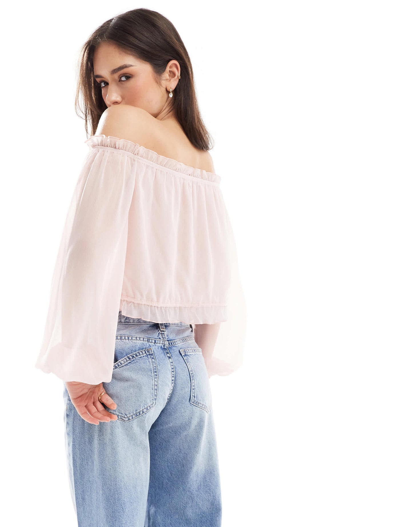 Bershka ruffle detail bardot top in pale pink