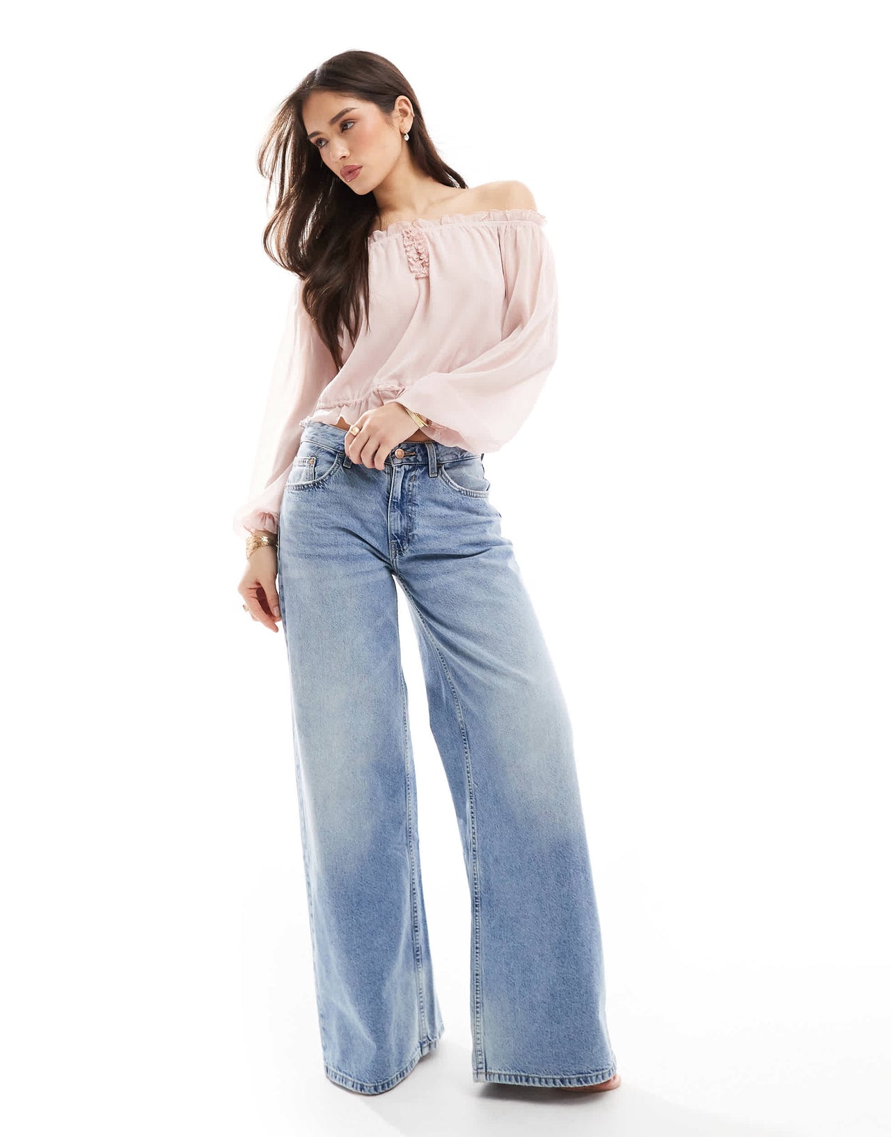 Bershka ruffle detail bardot top in pale pink