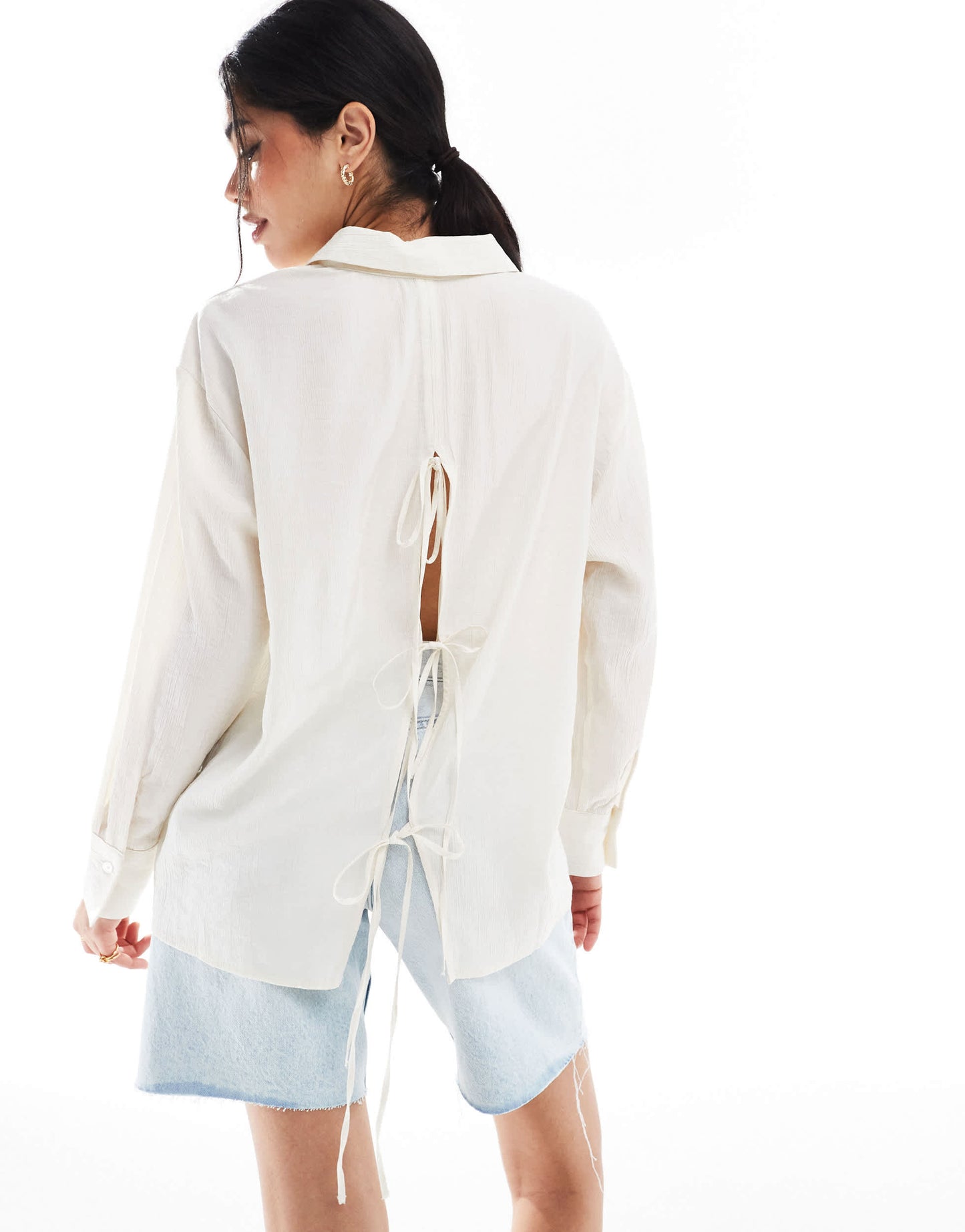 Bershka tie back crinkle oversized shirt in ecru