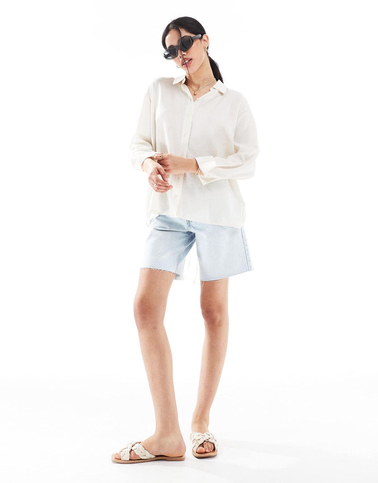 Bershka tie back crinkle oversized shirt in ecru