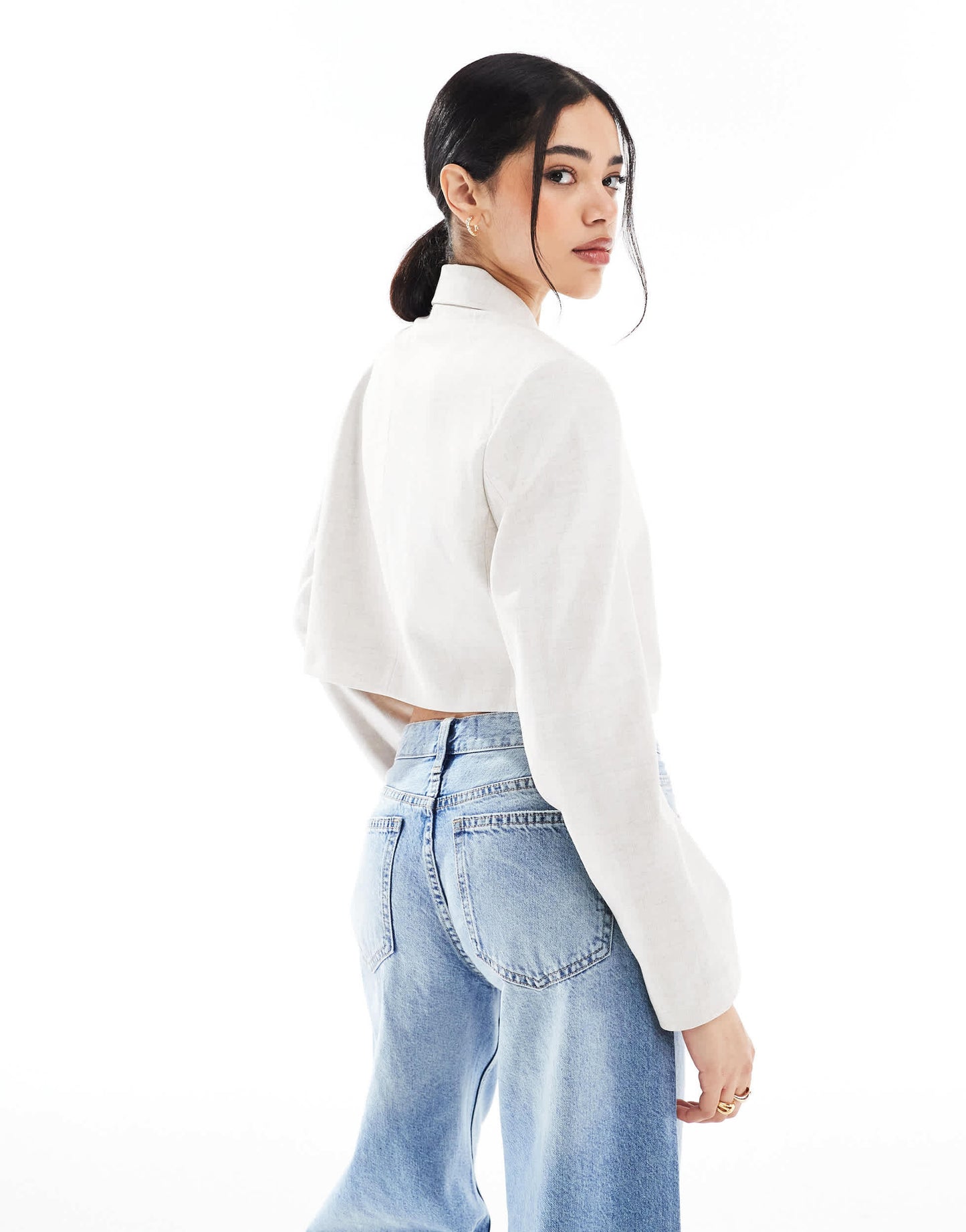 Bershka double button cropped blazer in ecru