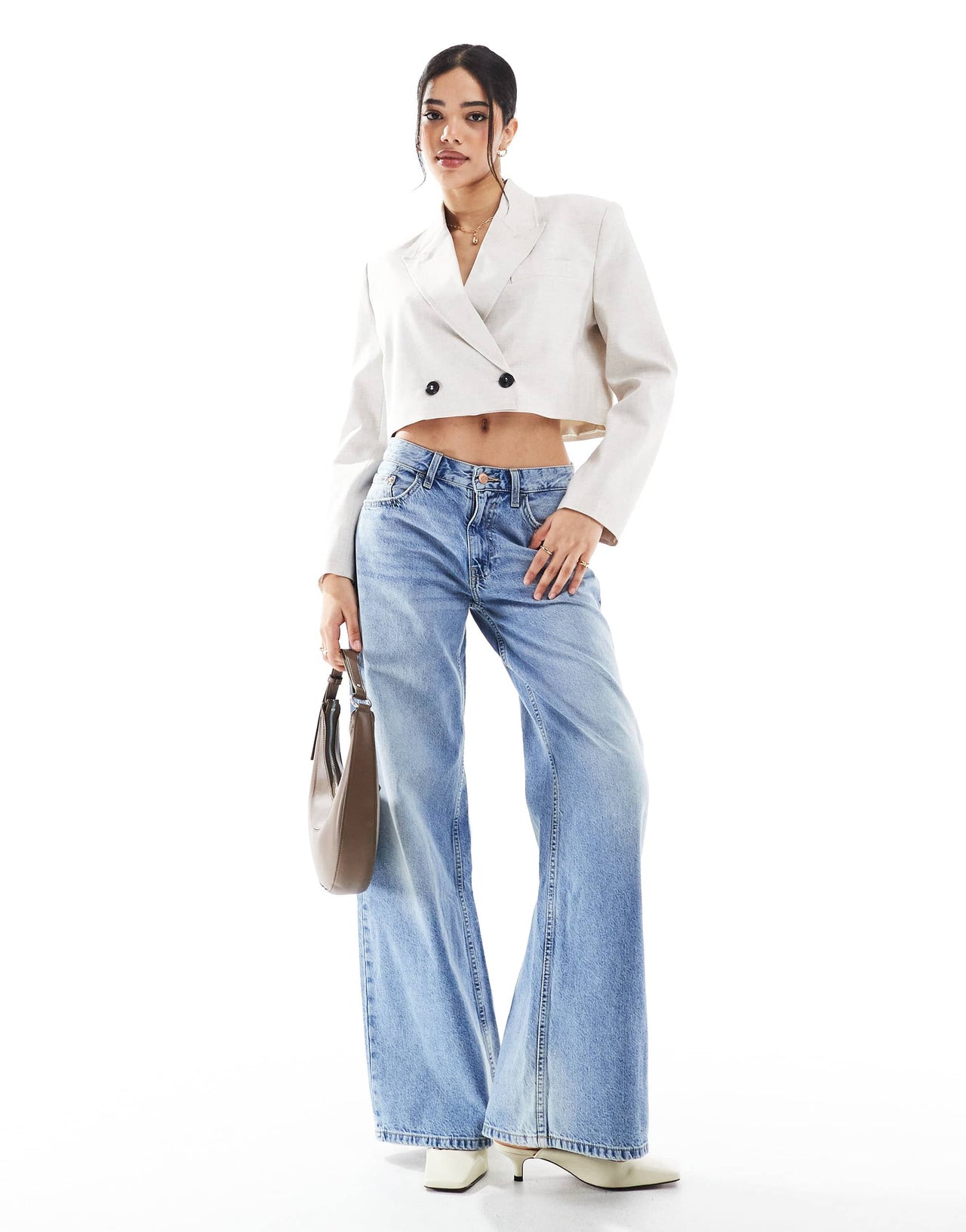 Bershka double button cropped blazer in ecru