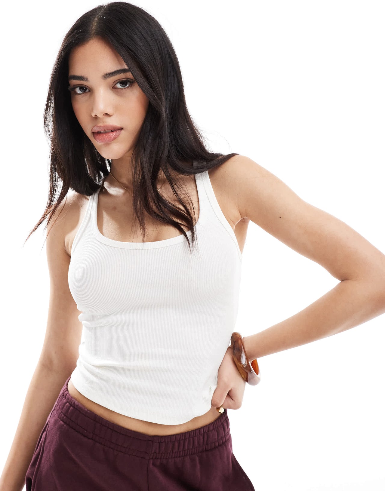 Bershka scoop neck ribbed tank top in white