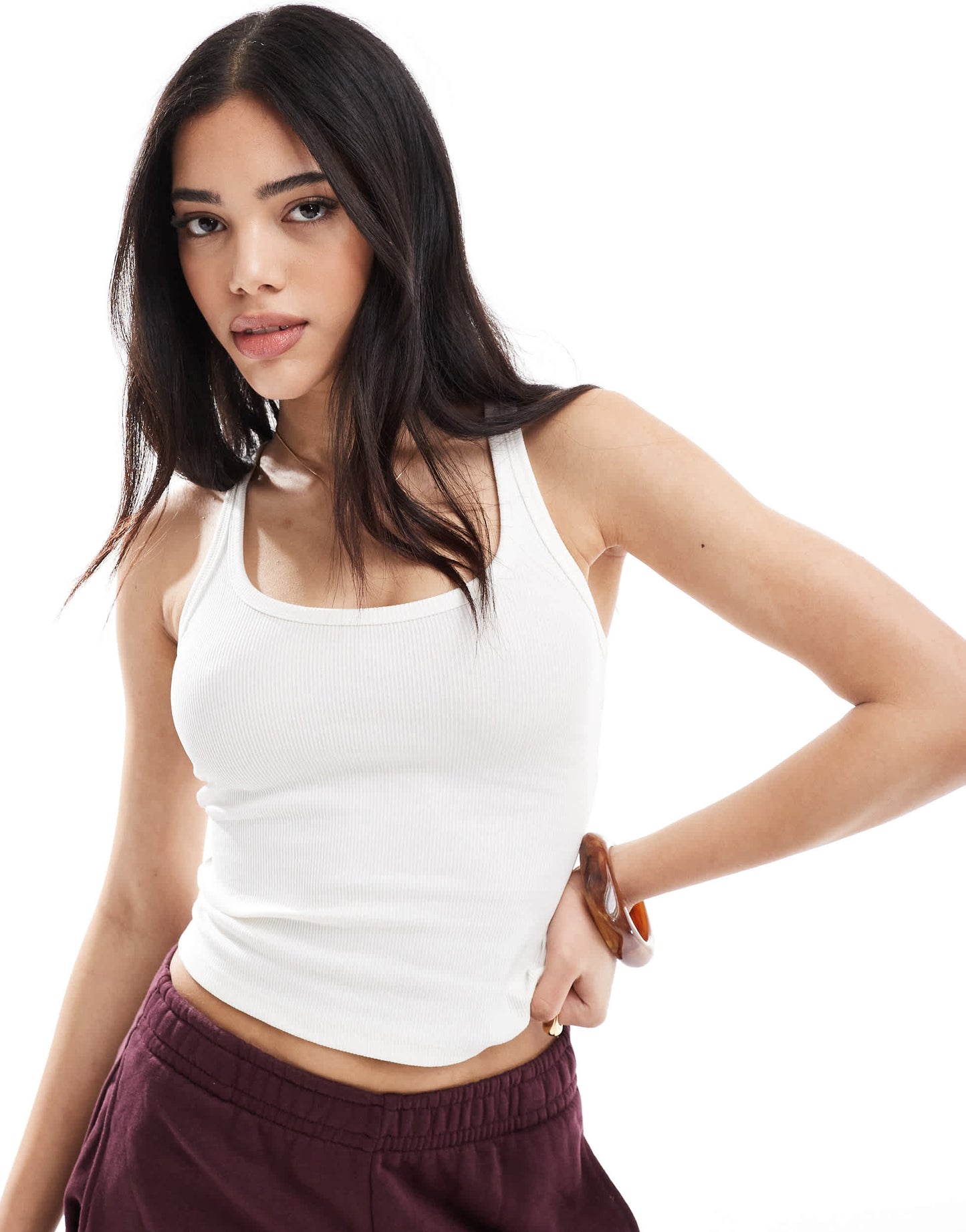 Bershka scoop neck ribbed tank top in white