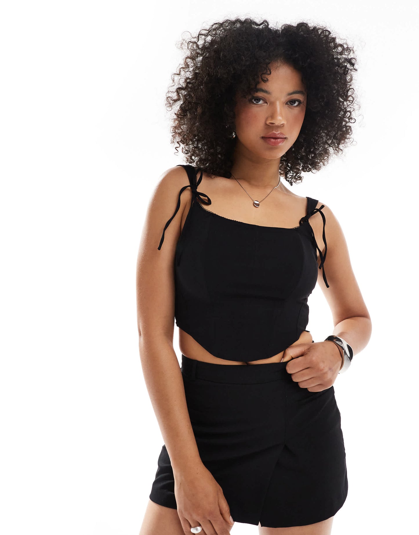 Bershka bow detail corset top in black