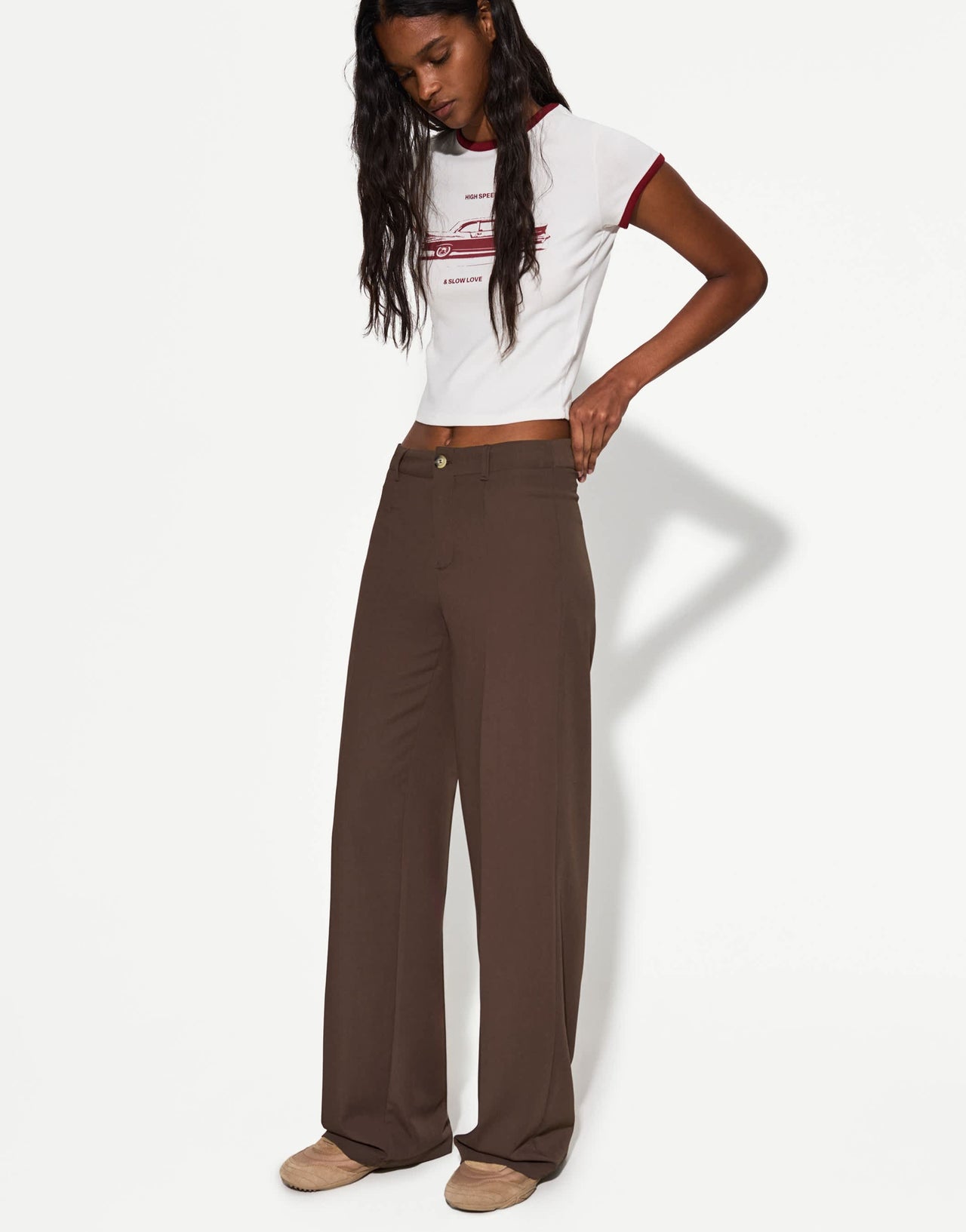 Bershka Petite wide leg tailored trousers in brown