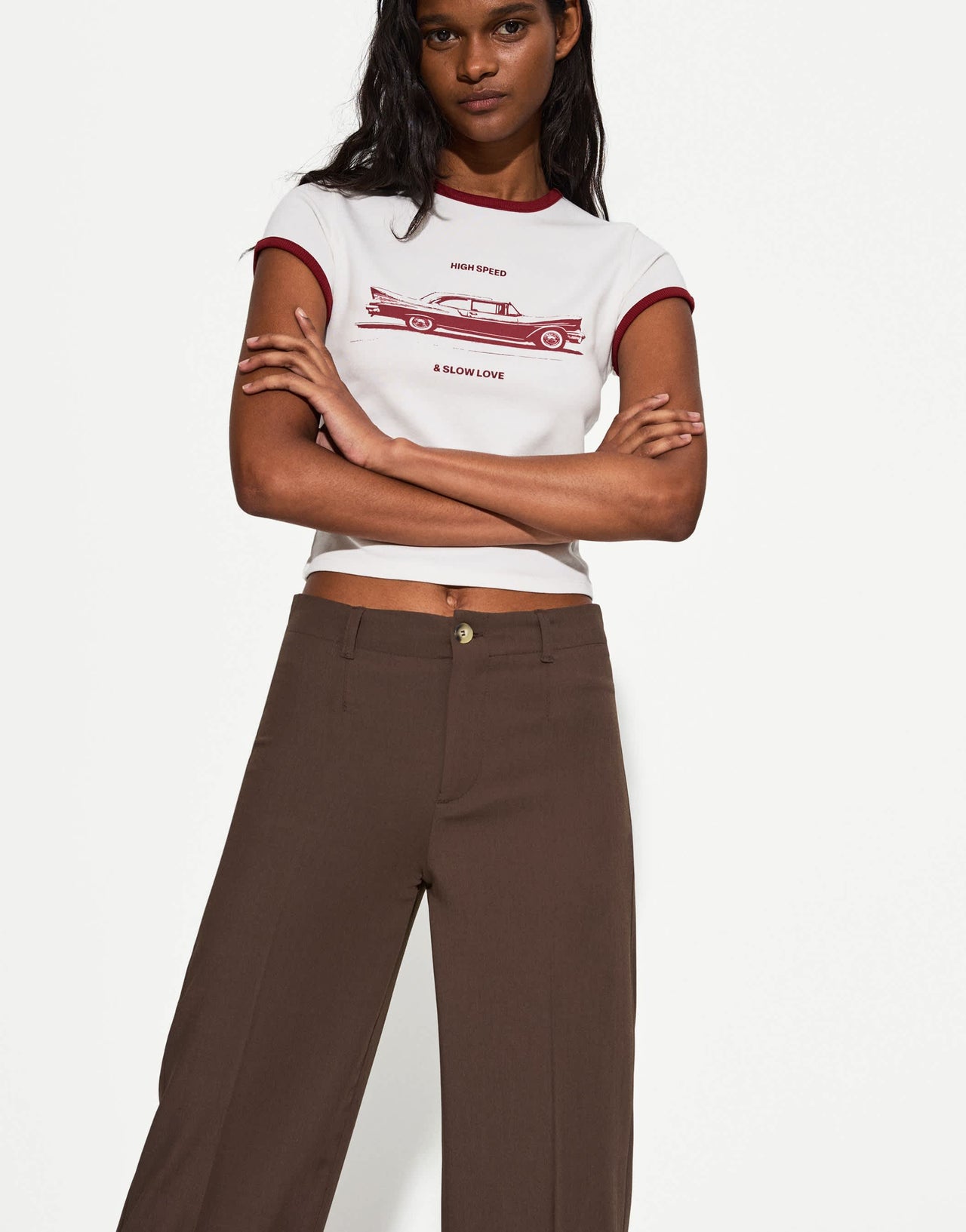 Bershka Petite wide leg tailored trousers in brown
