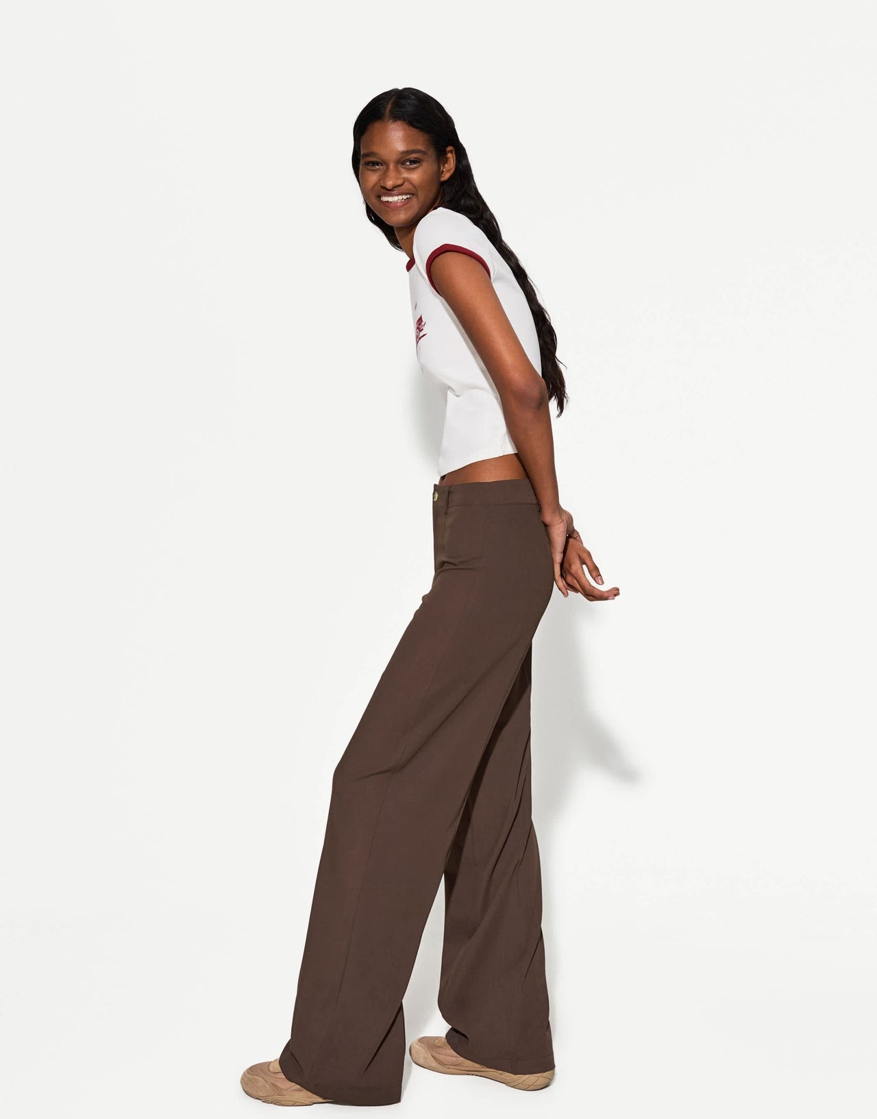 Bershka Petite wide leg tailored trousers in brown