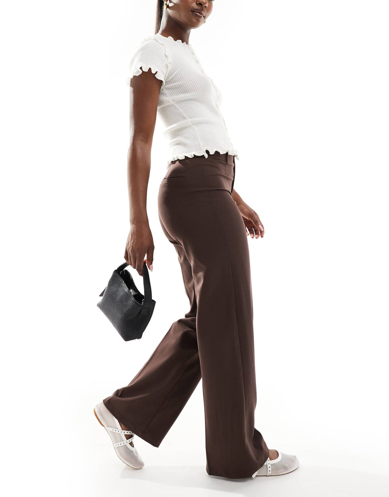 Bershka high waisted wide leg tailored trousers in brown