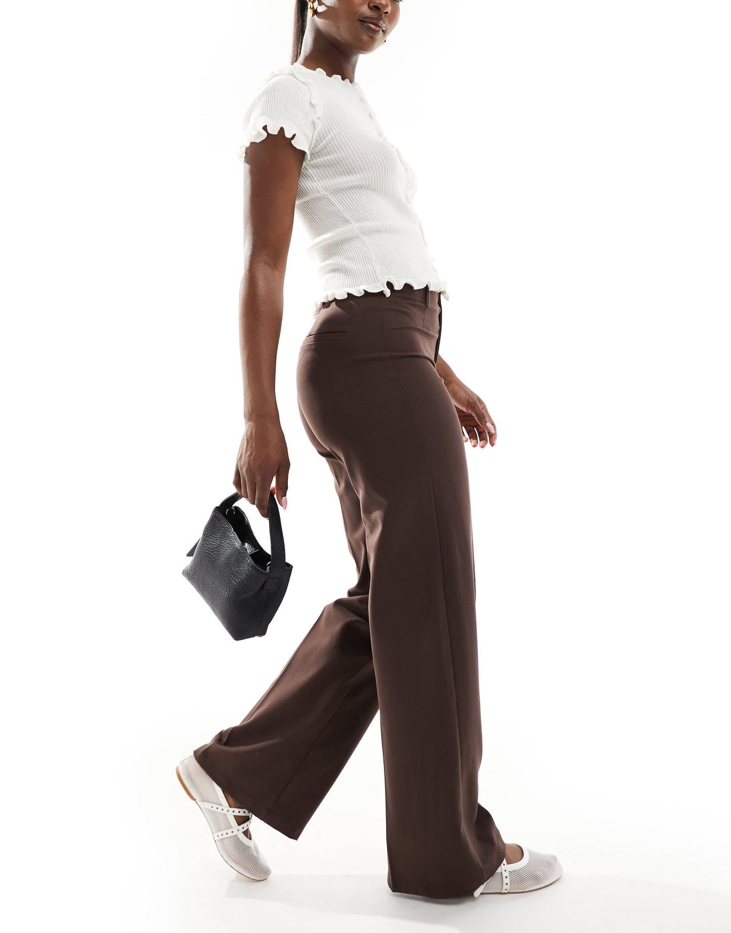 Bershka high waisted wide leg tailored trousers in brown