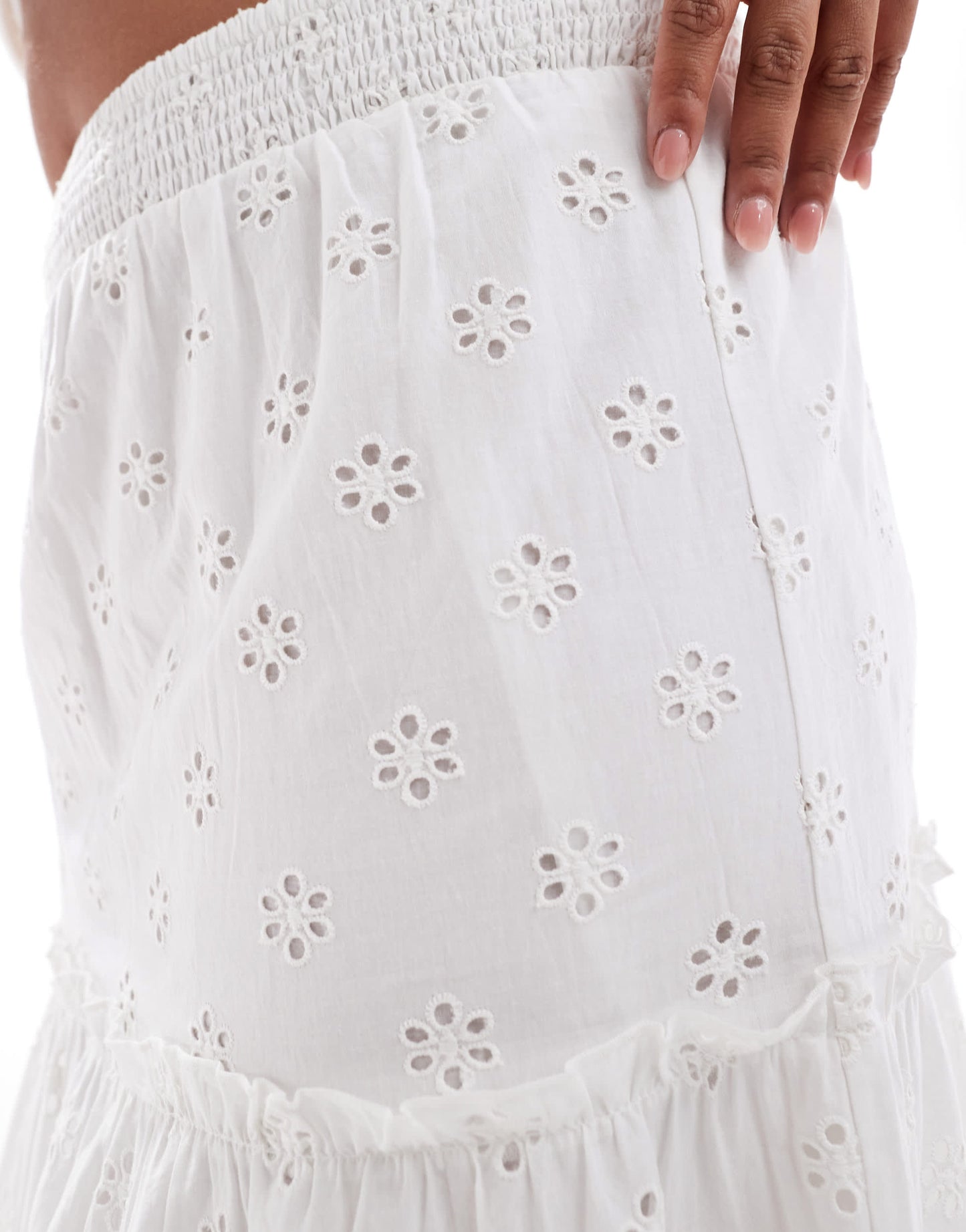 New Look Curve shirred waist embroidered midi skirt in white