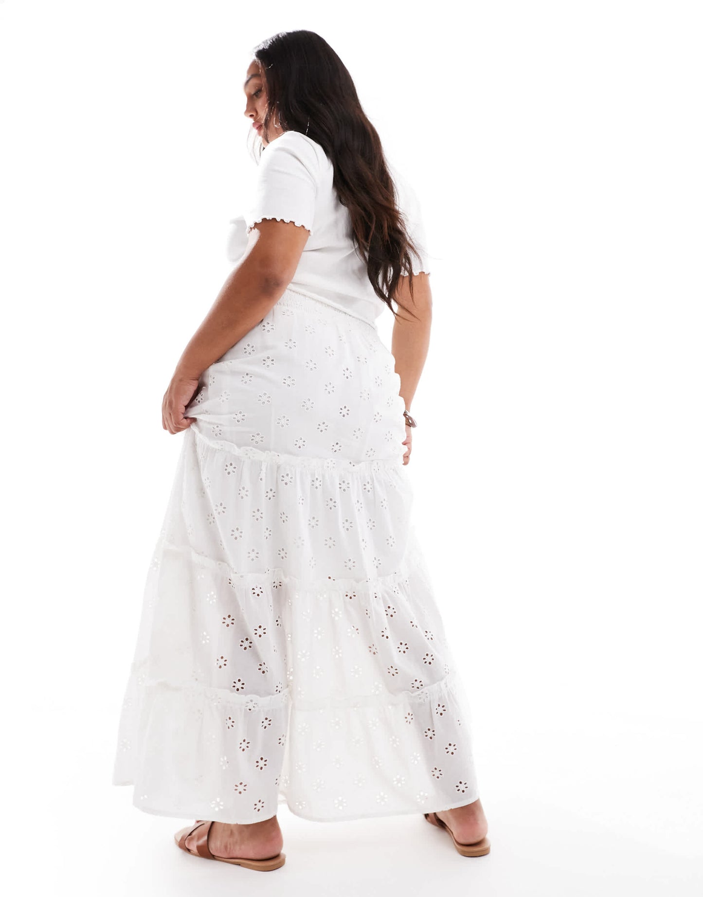 New Look Curve shirred waist embroidered midi skirt in white