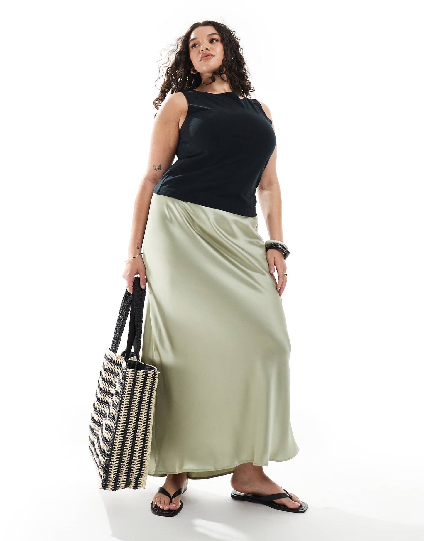 New Look Curve satin bias midi skirt in sage green