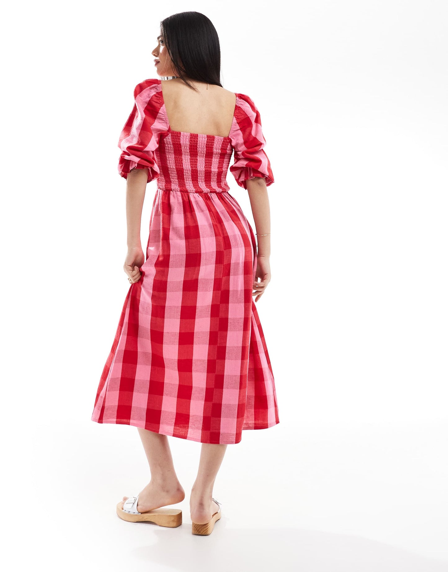 New Look check long sleeve midi dress in pink