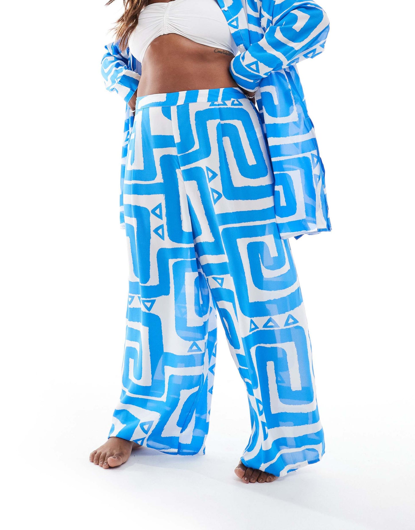 New Look Curve co-ord swirl pattern beach trouser in blue