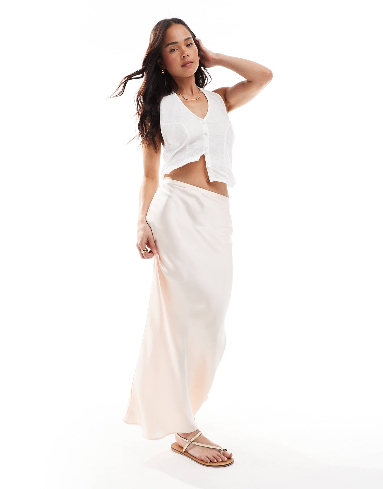 New Look satin bias midi skirt in pale pink