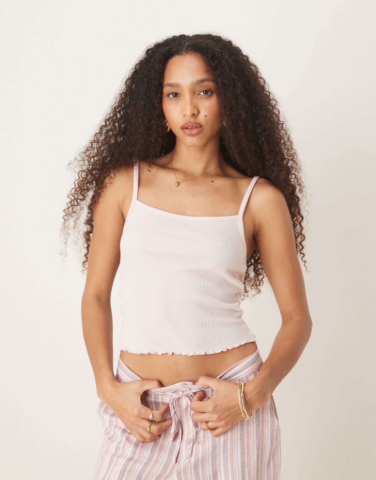 ASOS DESIGN waffle lettuce edge cami vest in light pink