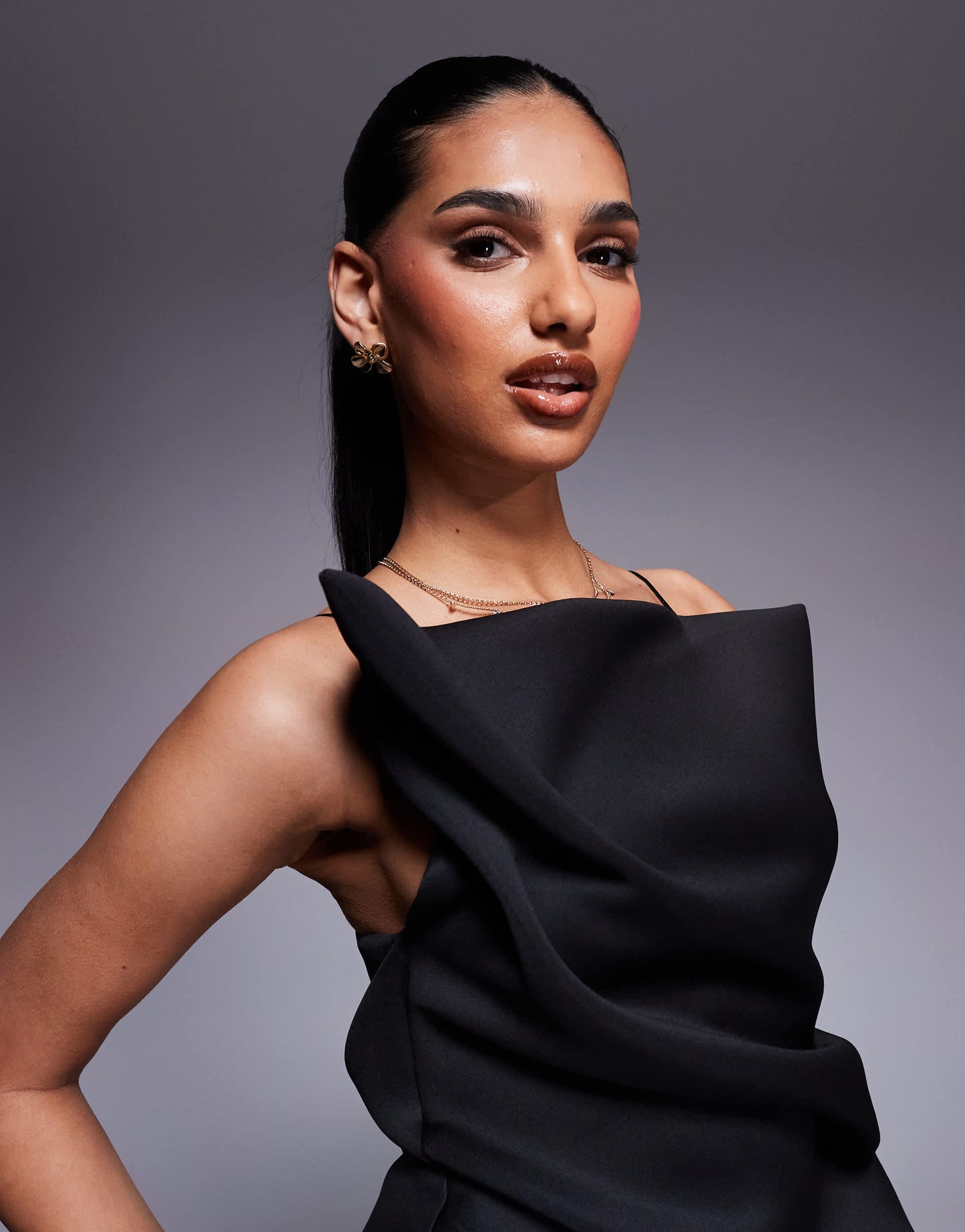 ASOS DESIGN  manipulated off shoulder mini dress with structured pleats and sash detail in black in scuba-style fabric