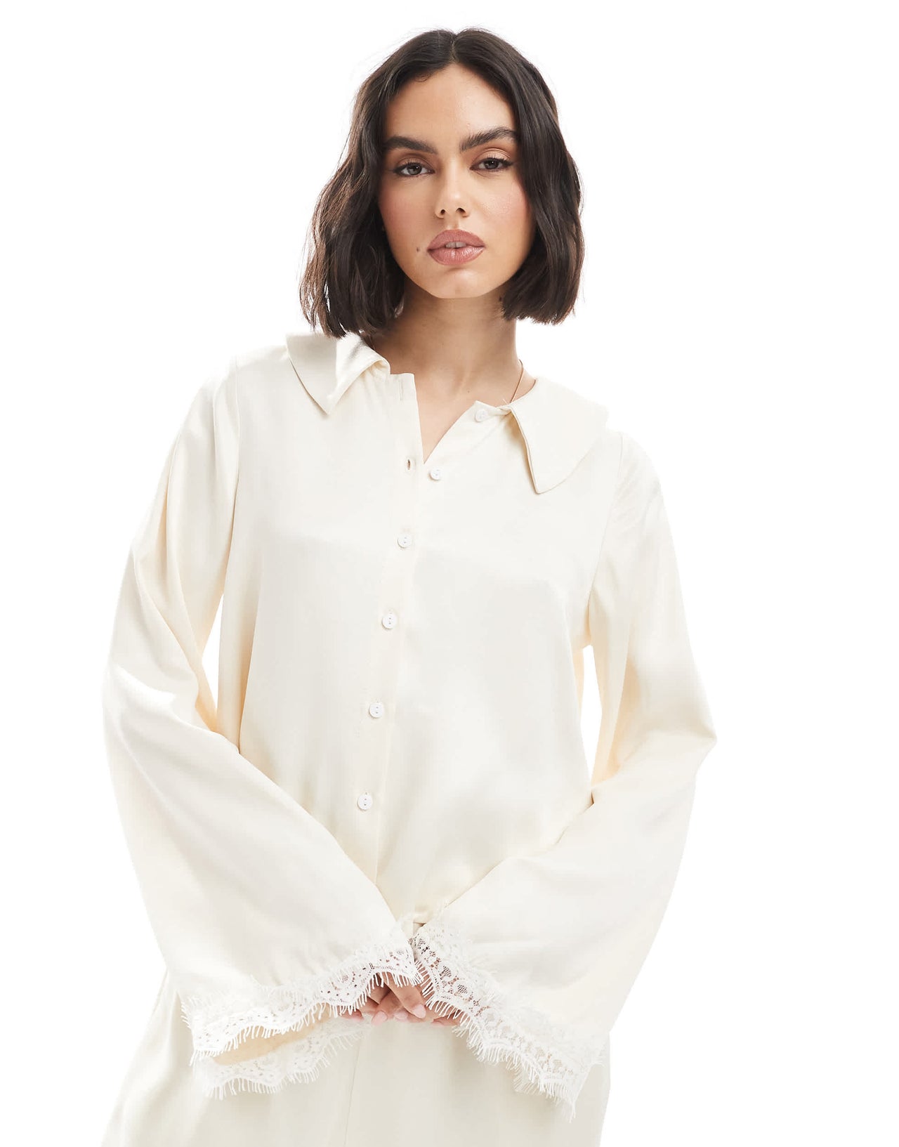 Miss Selfridge satin collar blouse co-ord in ecru