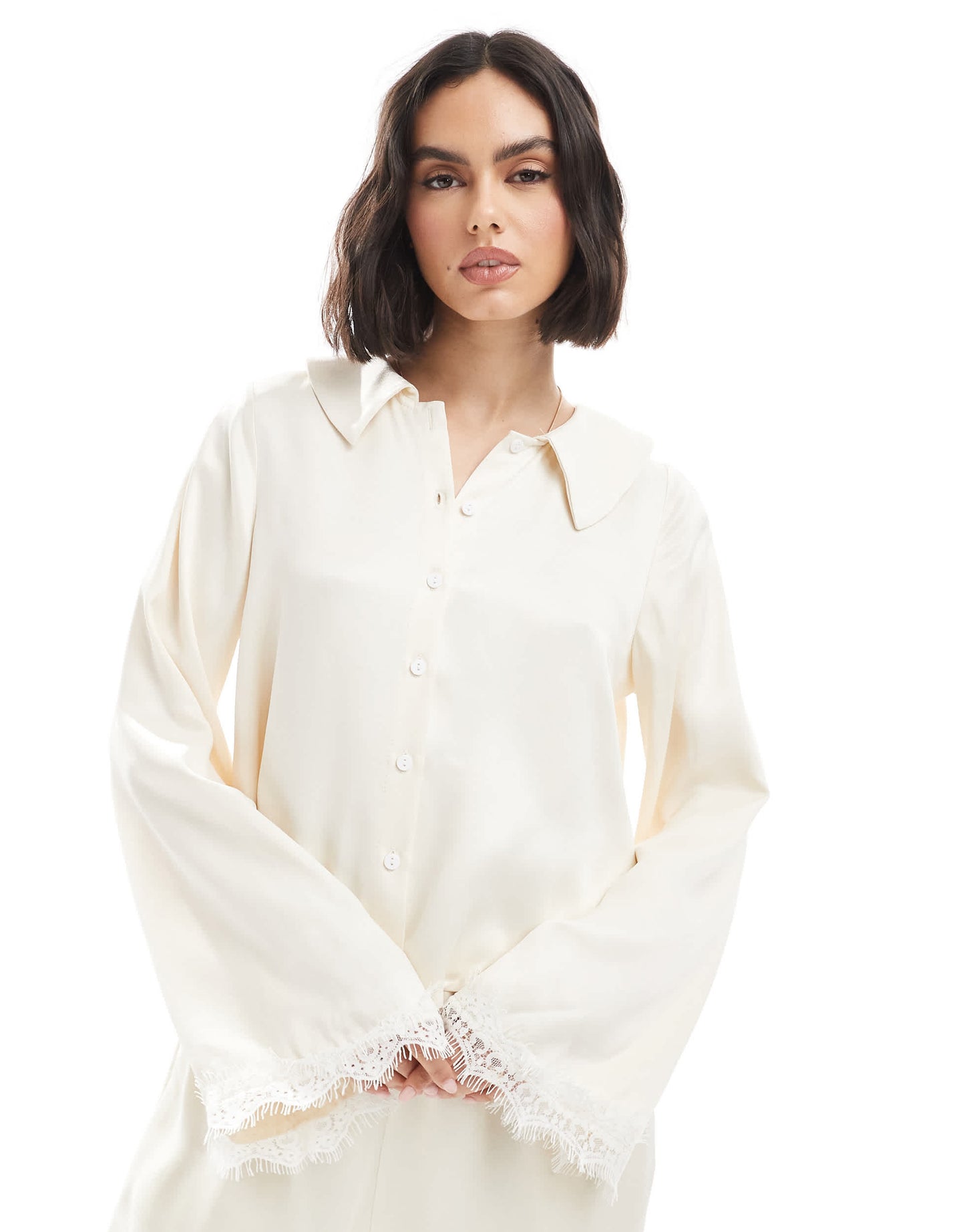Miss Selfridge satin collar blouse co-ord in ecru