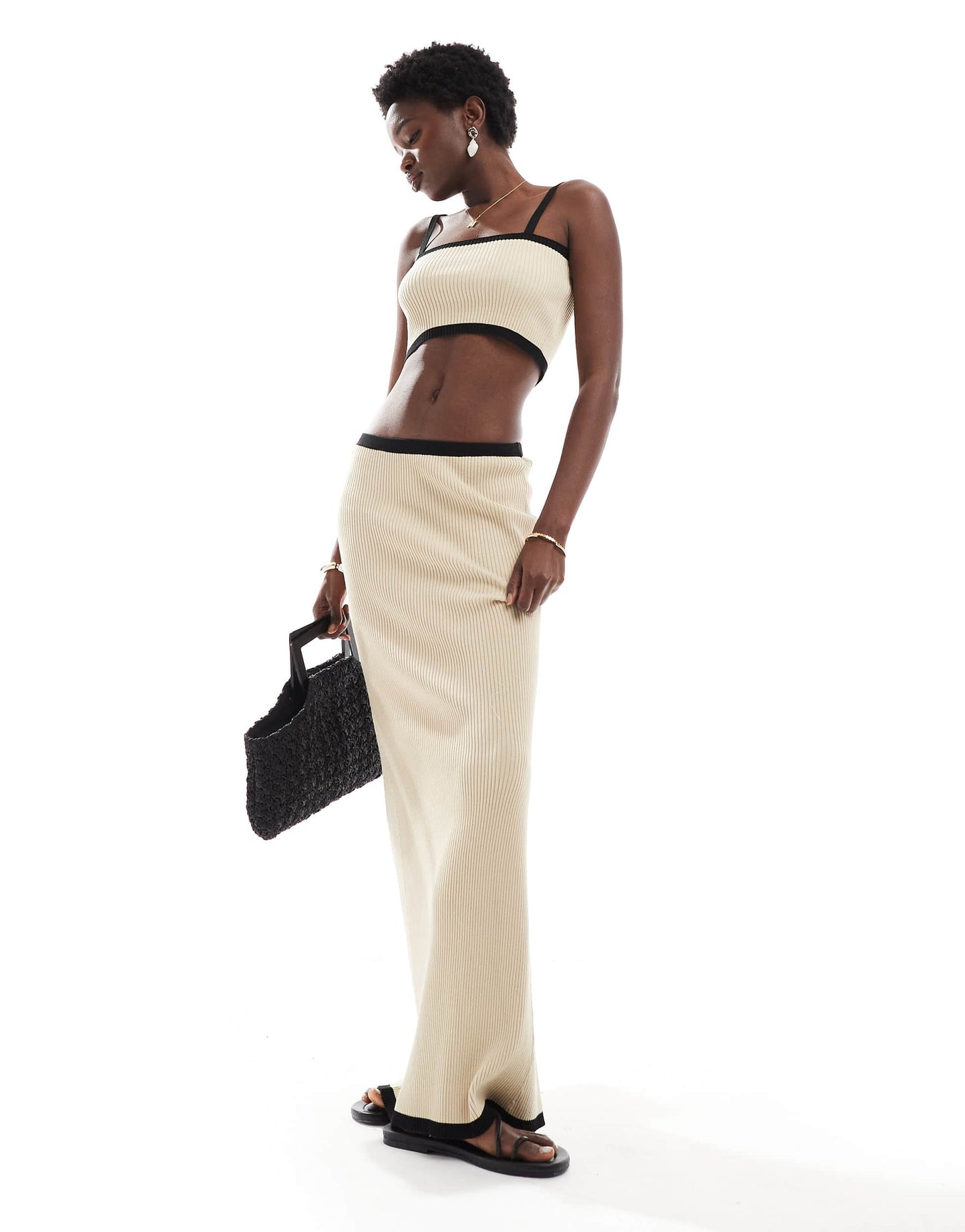 4th & Reckless beach ribbed knit contrast trim maxi skirt co-ord in cream