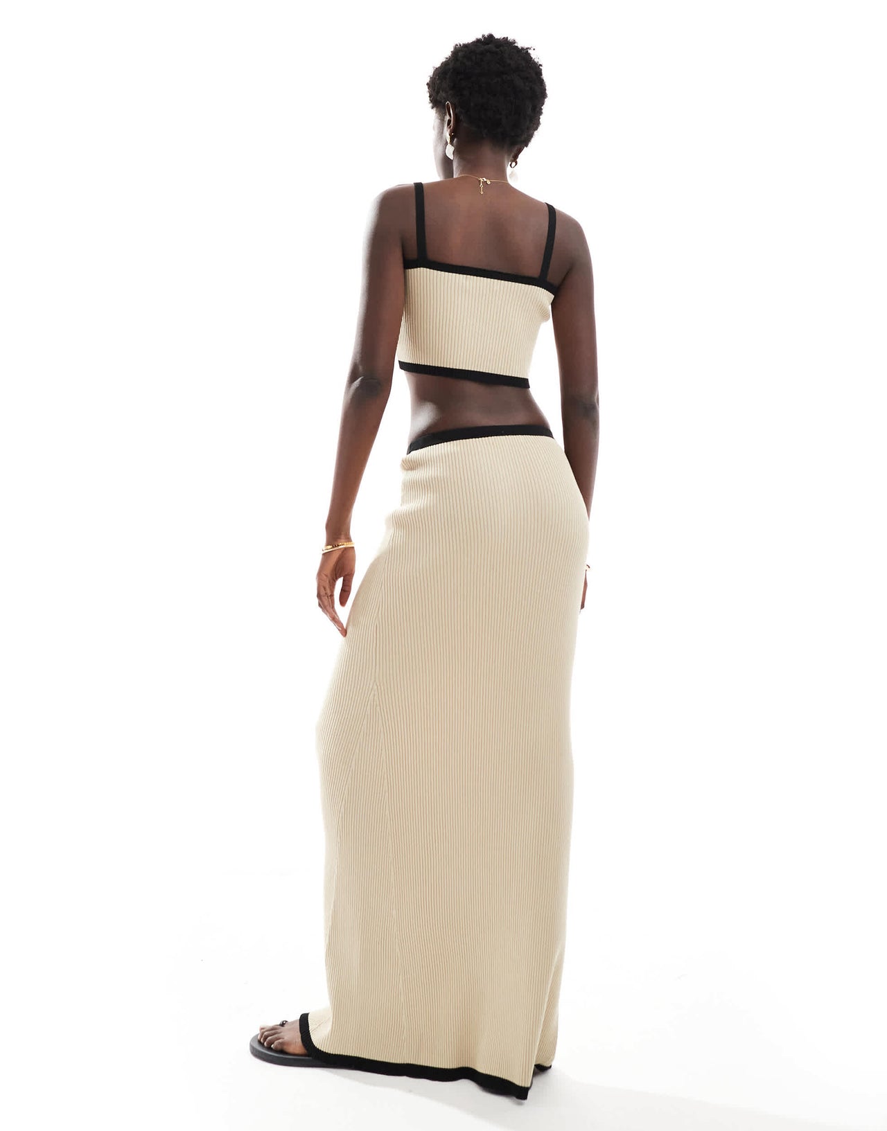 4th & Reckless beach ribbed knit contrast trim maxi skirt co-ord in cream