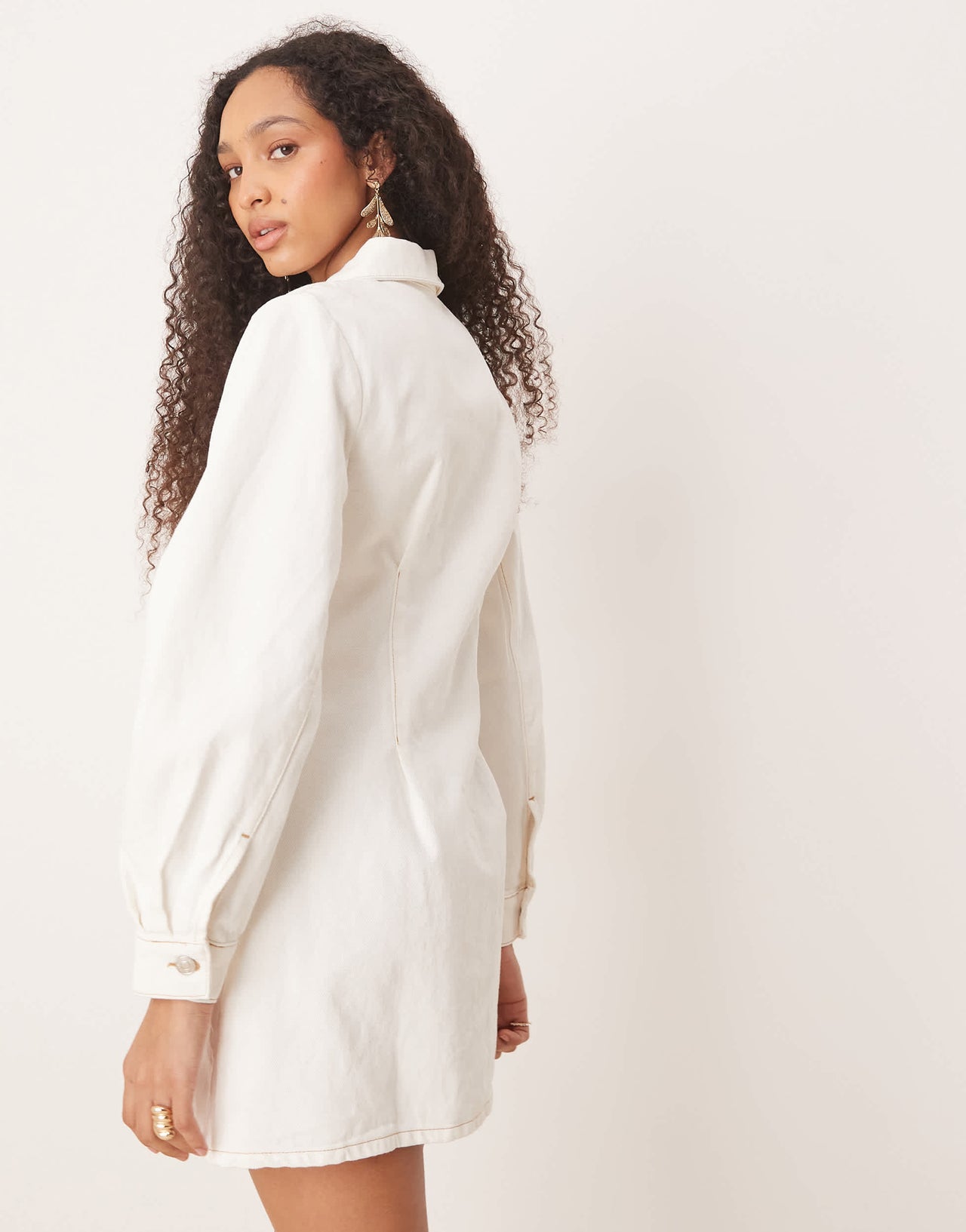 ASOS DESIGN ecru denim shirt dress with cinch waist and cocoon sleeve