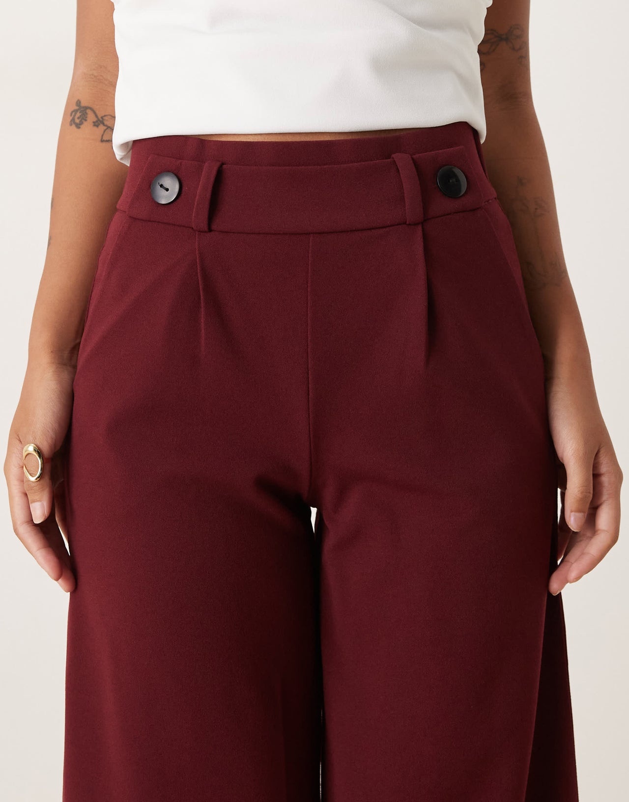 JDY Petite button detail wide leg dad trousers in burgundy