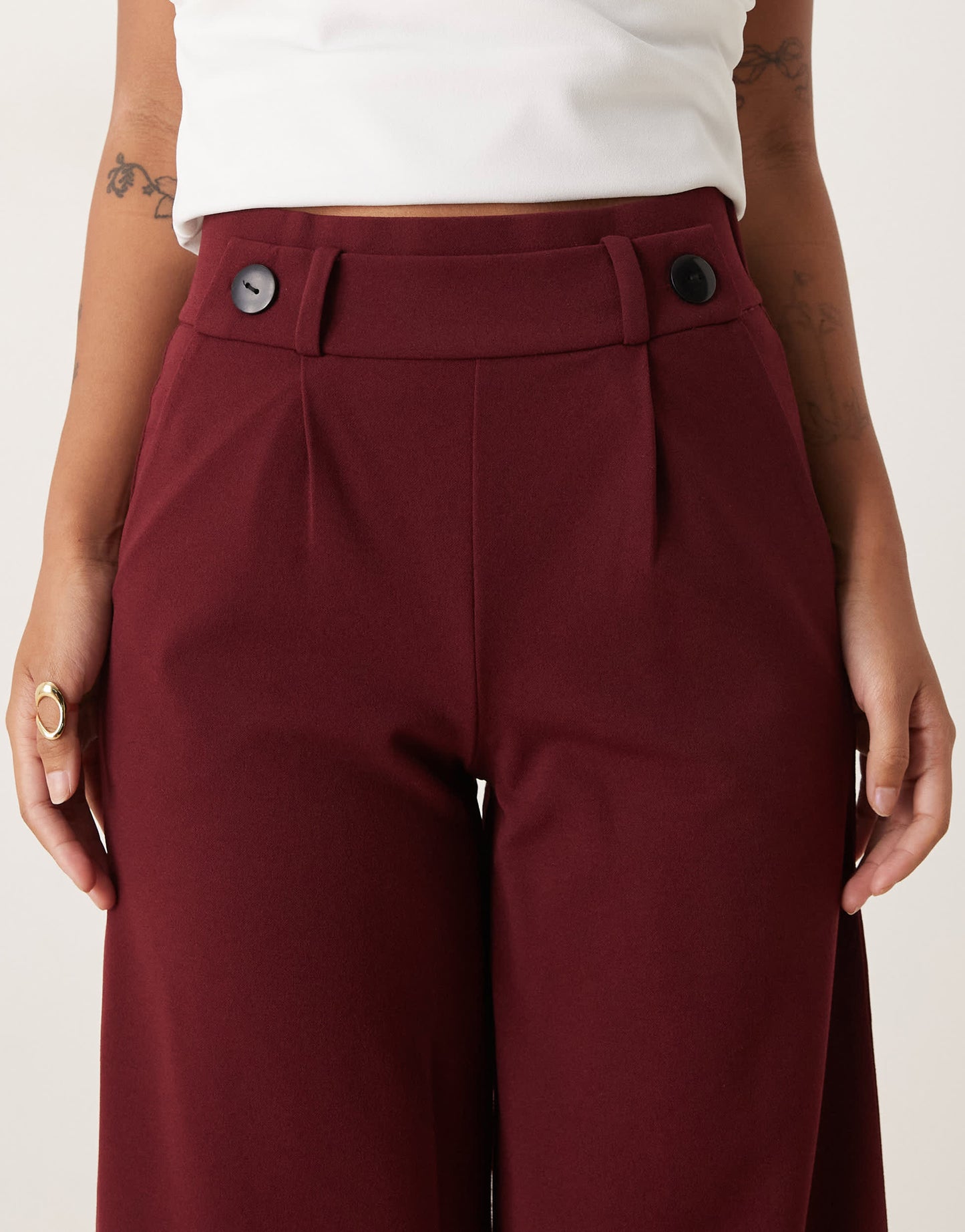 JDY Petite button detail wide leg dad trousers in burgundy
