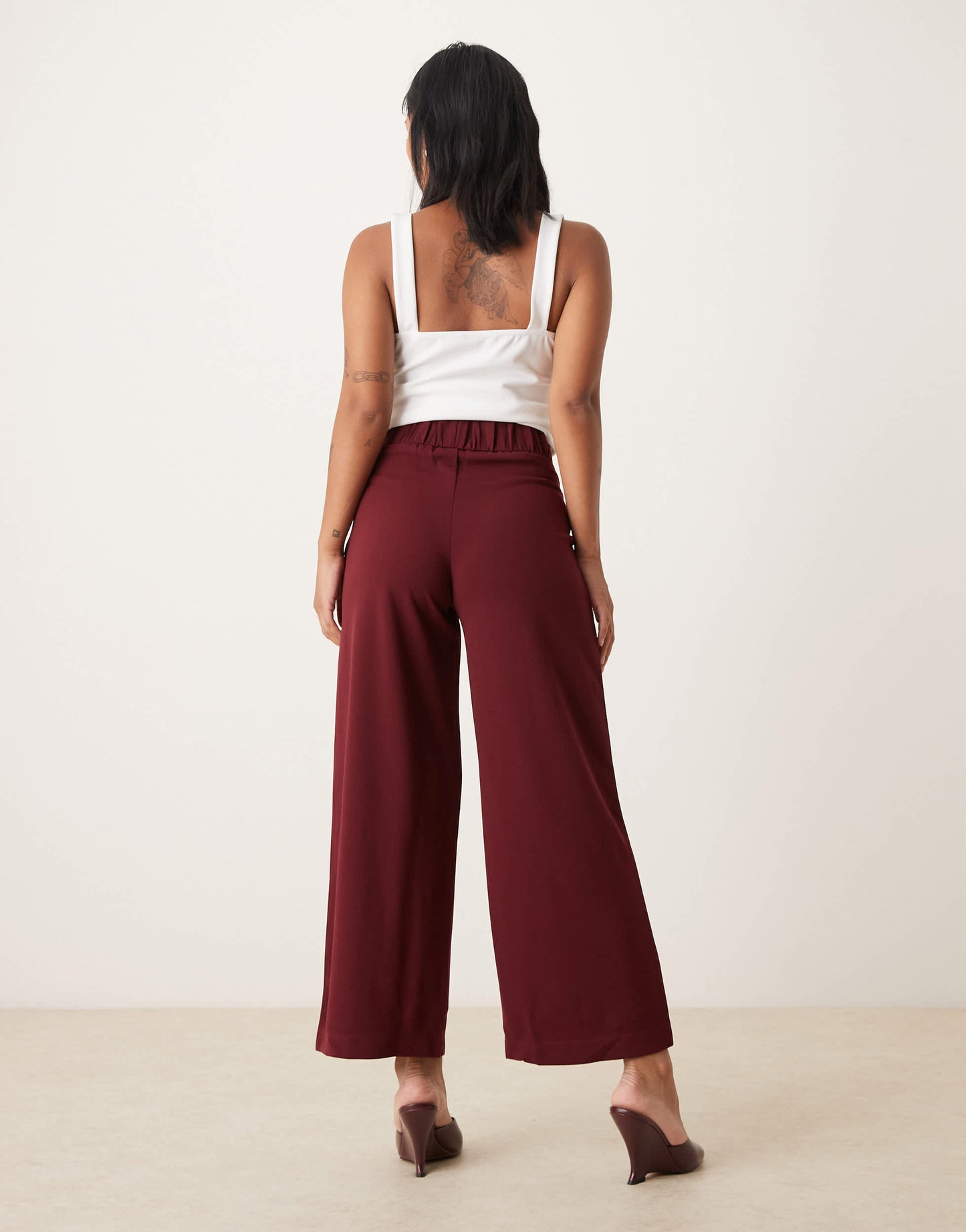 JDY Petite button detail wide leg dad trousers in burgundy