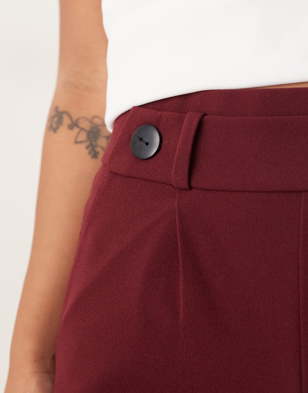 JDY Petite button detail wide leg dad trousers in burgundy