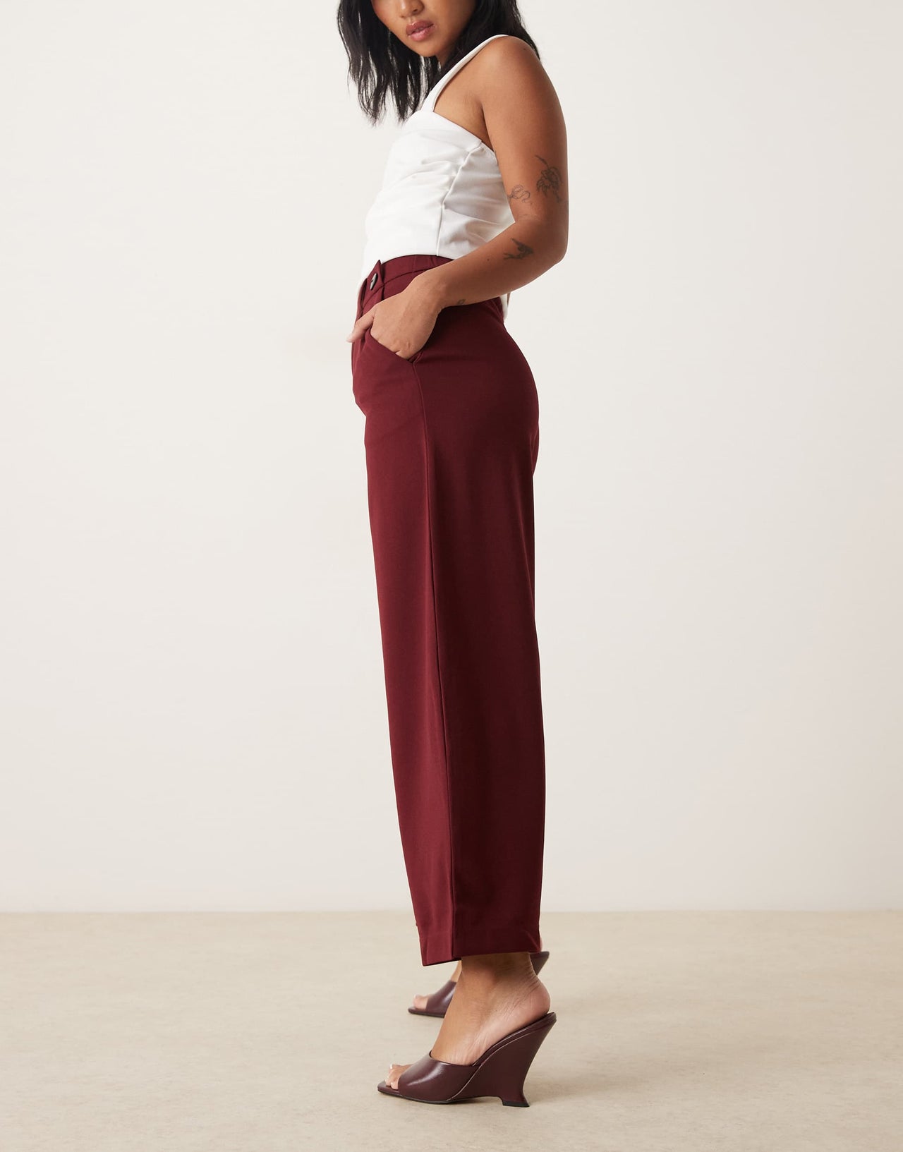 JDY Petite button detail wide leg dad trousers in burgundy