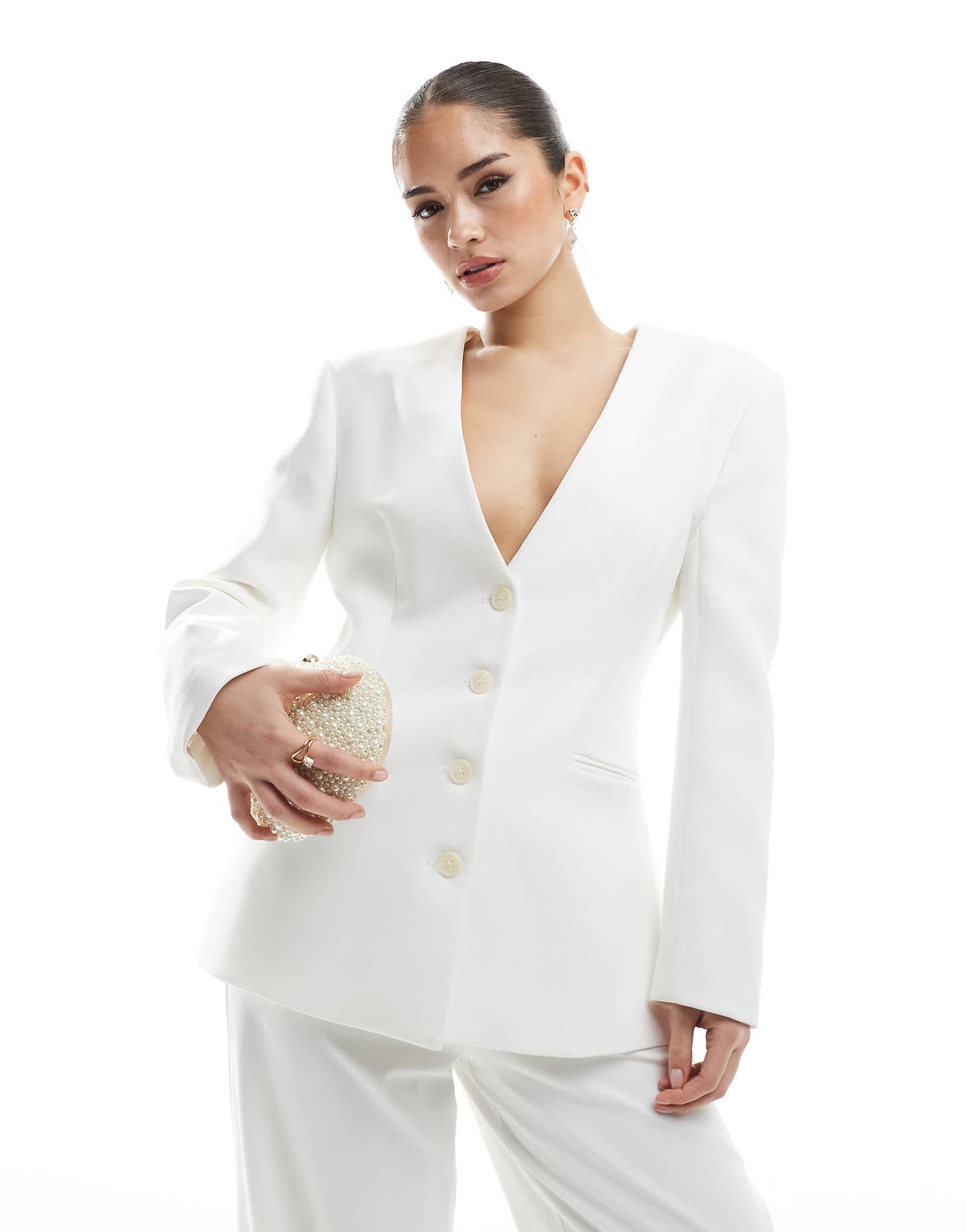 Six Stories Bridal collarless tailored blazer co-ord in ivory